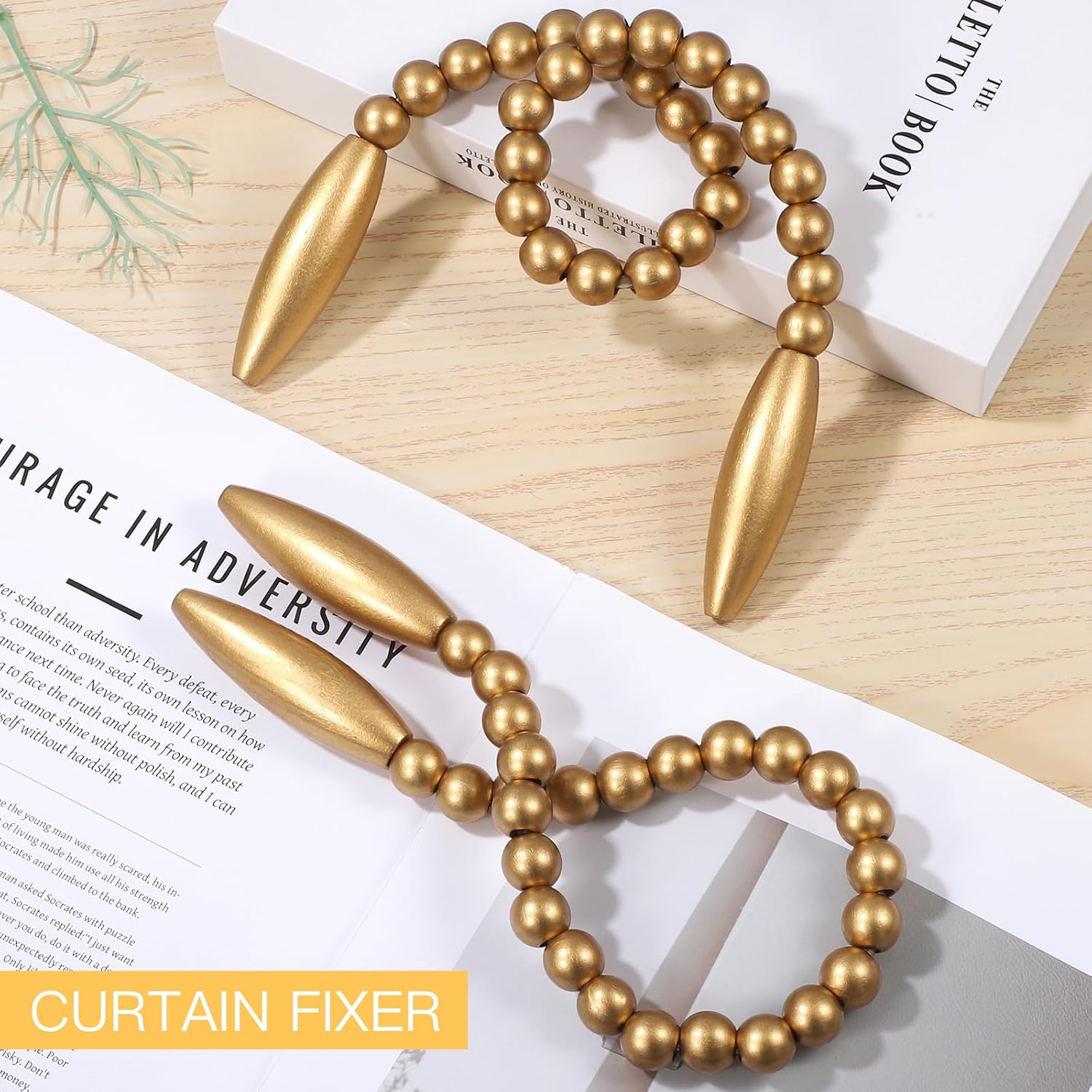 Wood Bead Curtain Tiebacks 2 Pack, No Drill Curtain Holdbacks for Boho Decor, Nursery & Bedroom - Creative Clips & Hooks for Drapes, Farmhouse Window Decor with Twist Design (2, Gold)