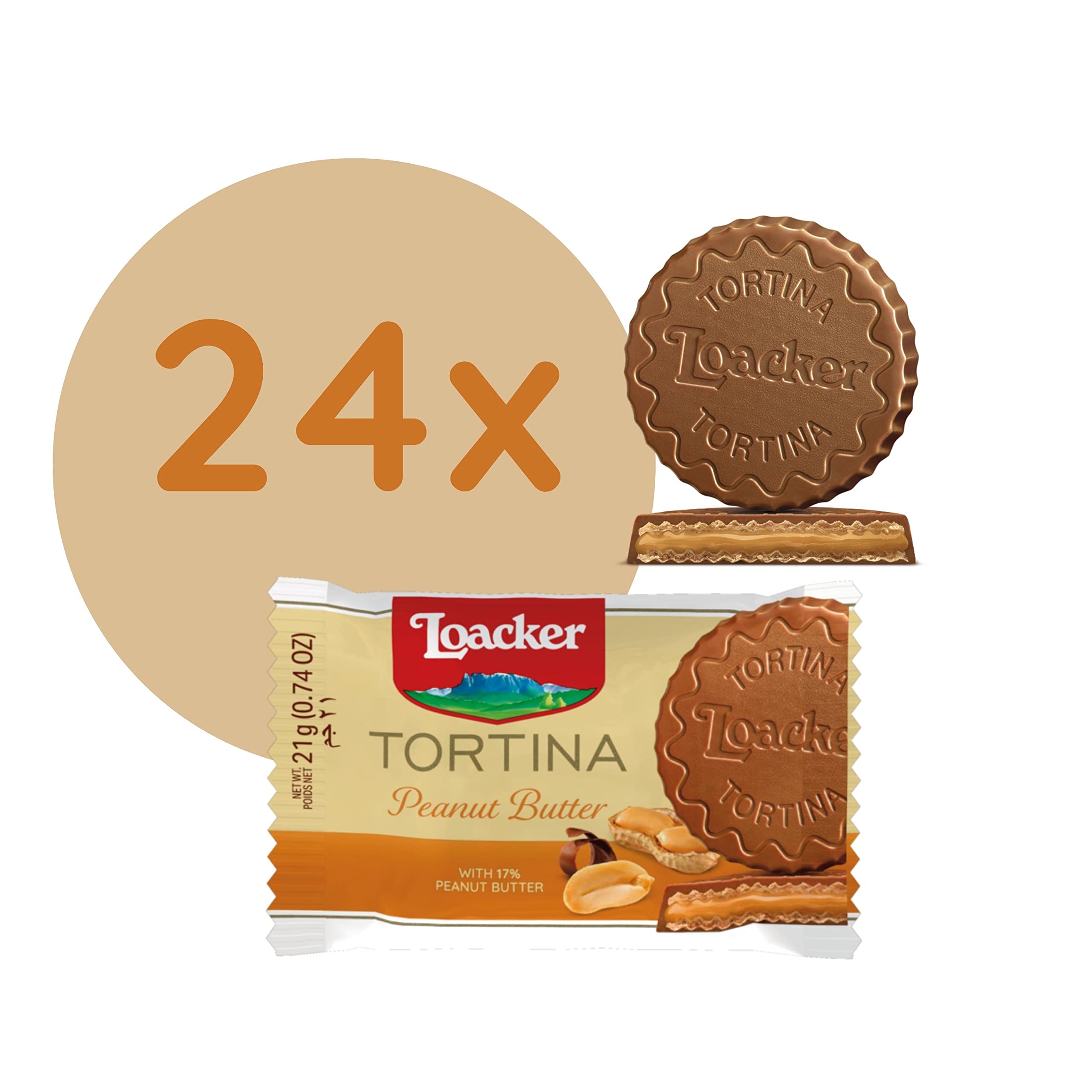 Loacker Tortina (Peanut Butter) • Knusprige Waffeln mit Erdnussbutter-Creme • Runde Waffel Törtchen zum Kaffee • Erdnuss Waffelkekse (24 x 21g)