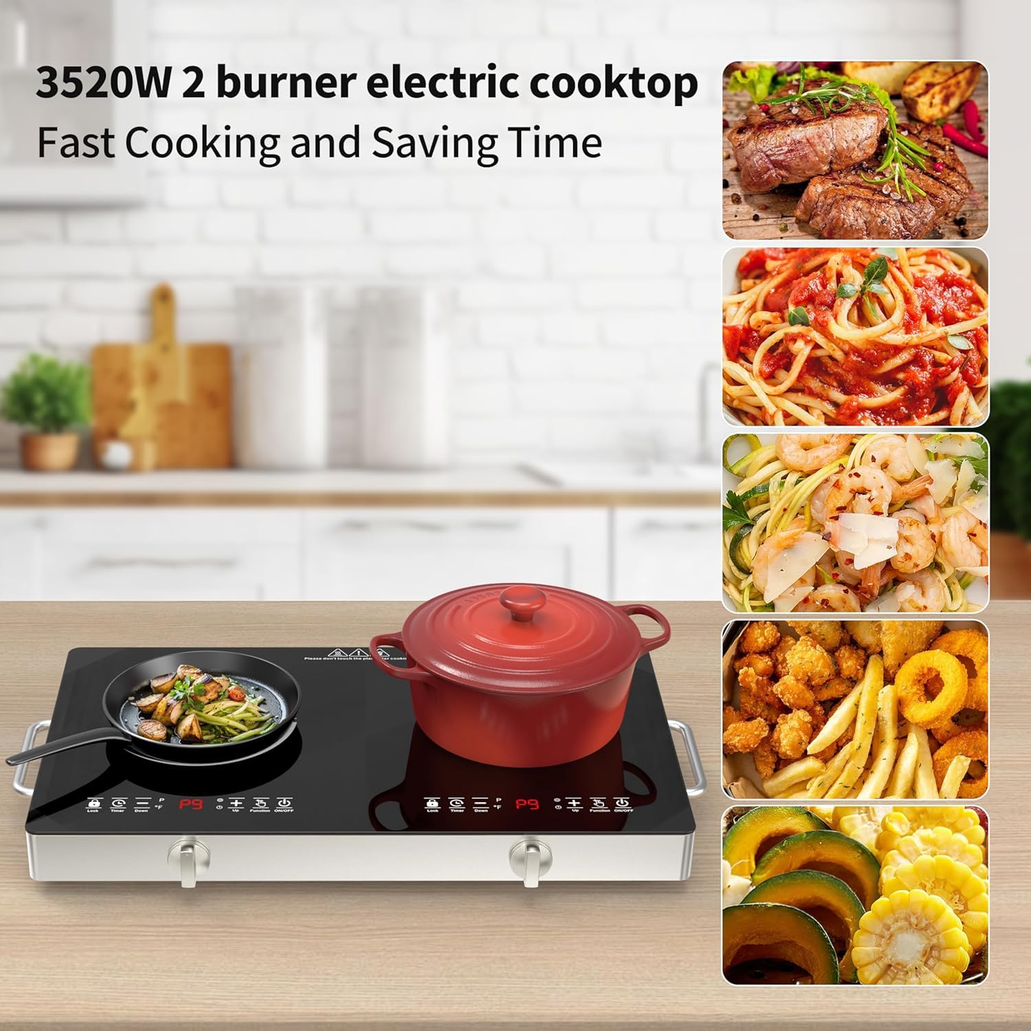 VBGK Double Electric Hob, 220V 3520W Ceramic Hob with Handle, Electric Hot Plate with 9 Power Levels, Child Safety Lock, Timer,Knob and Touch Control, 2 Burner Cooktop — view 8