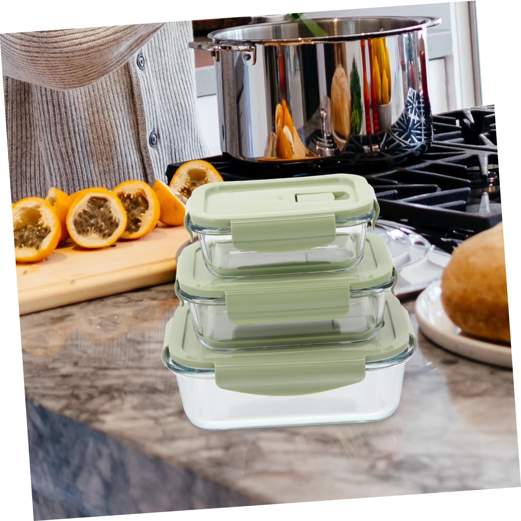 Boîte à Bento Alimentaire en Verre 3 Pièces, Couvercle Pp Vert