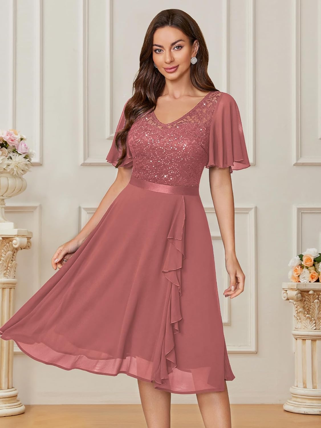 Miusol Women's Sequin Lace V Neck Ruffle Style Cocktail Party Chiffon A-line Dress - Image 6