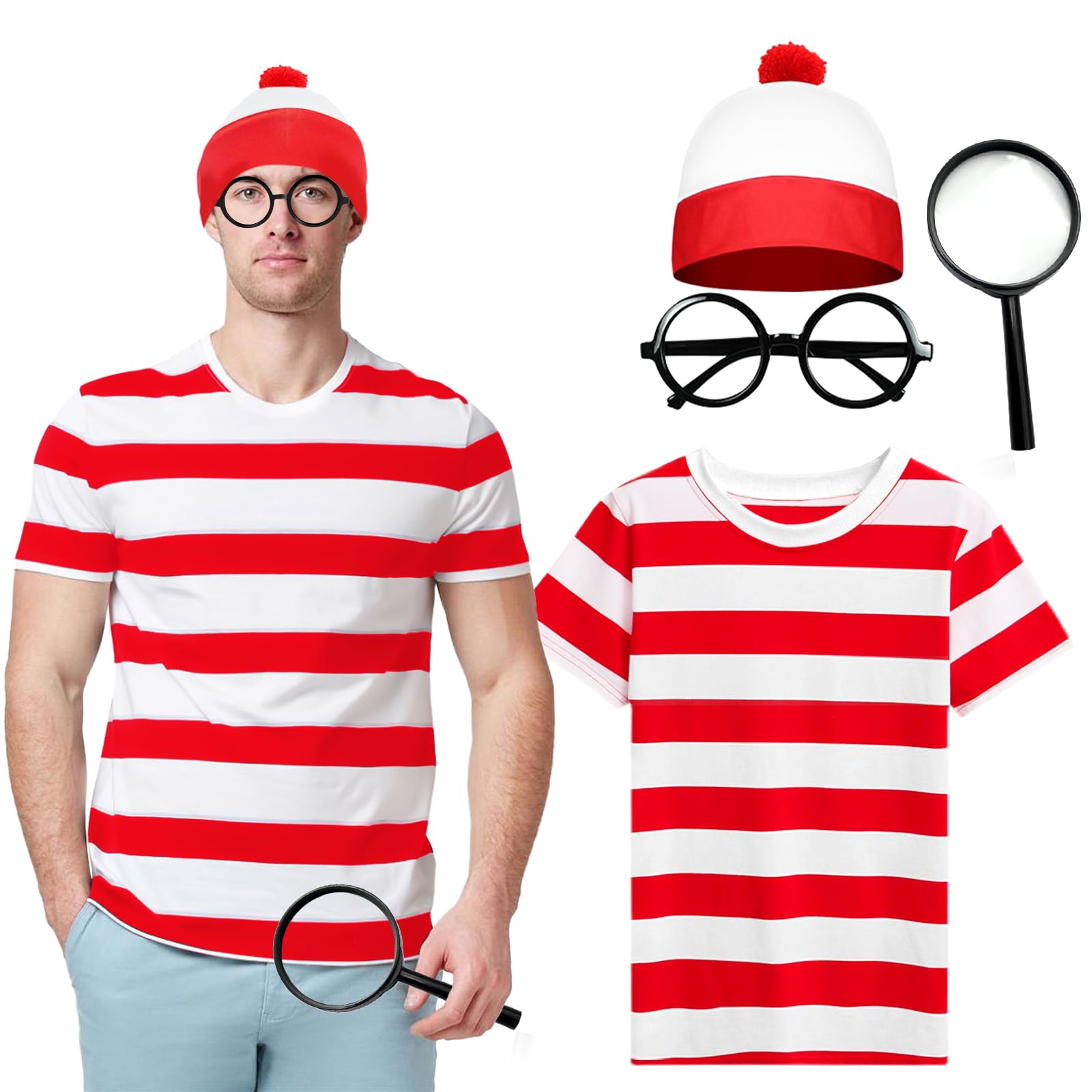 Glirop 4PCS Wally Costume Set for Women Men, Unisex Fancy Dress Accessories with Red and White Striped Short Shirt Beanie Hat Glasses Magnifying Glass for Adults Cosplay World Book Day Halloween