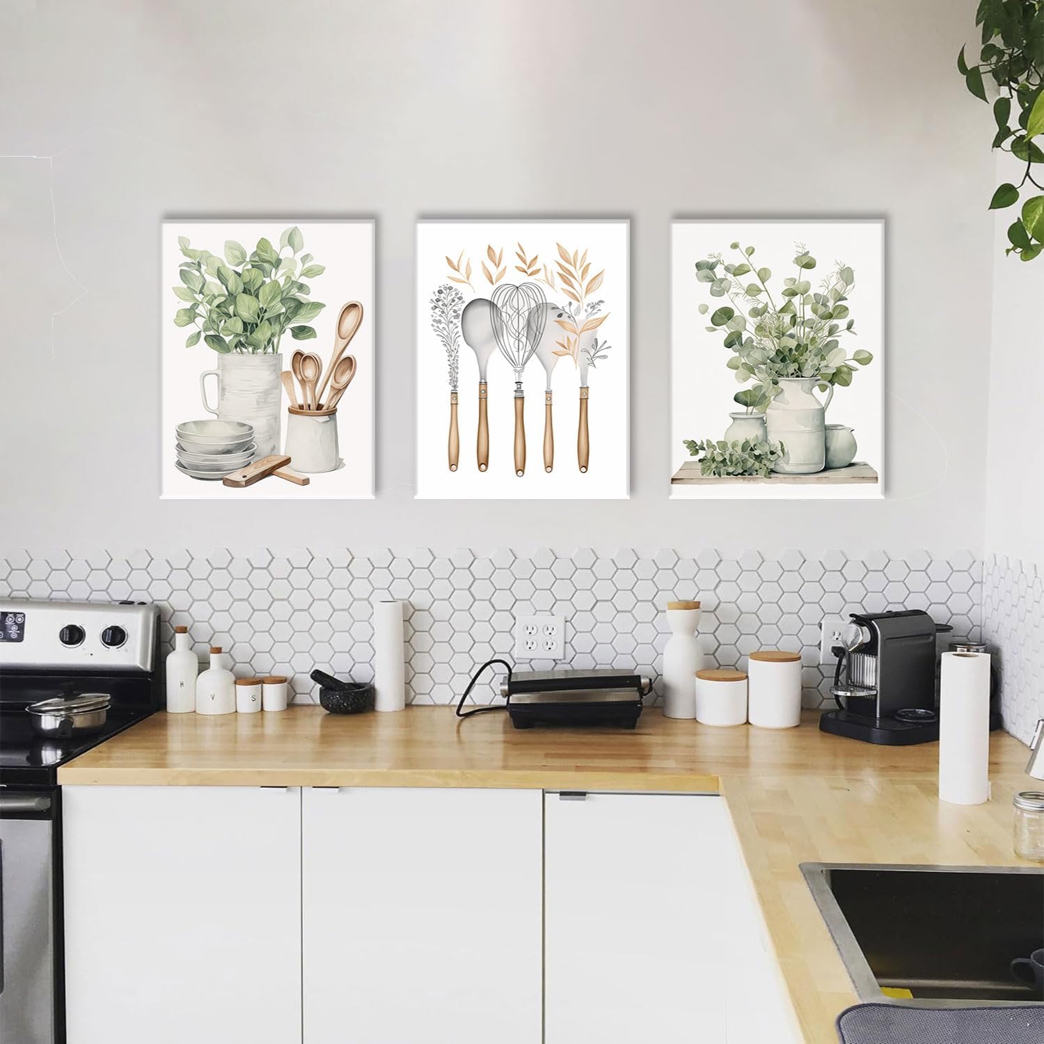 AOYUSMO 3 Piece Canvas Wall Art Kitchen Wall Art Sage Green Pictures Botanical Paintings Farmhouse Artwork Eucalyptus Nature Art Prints for Dining Room 16"x24"