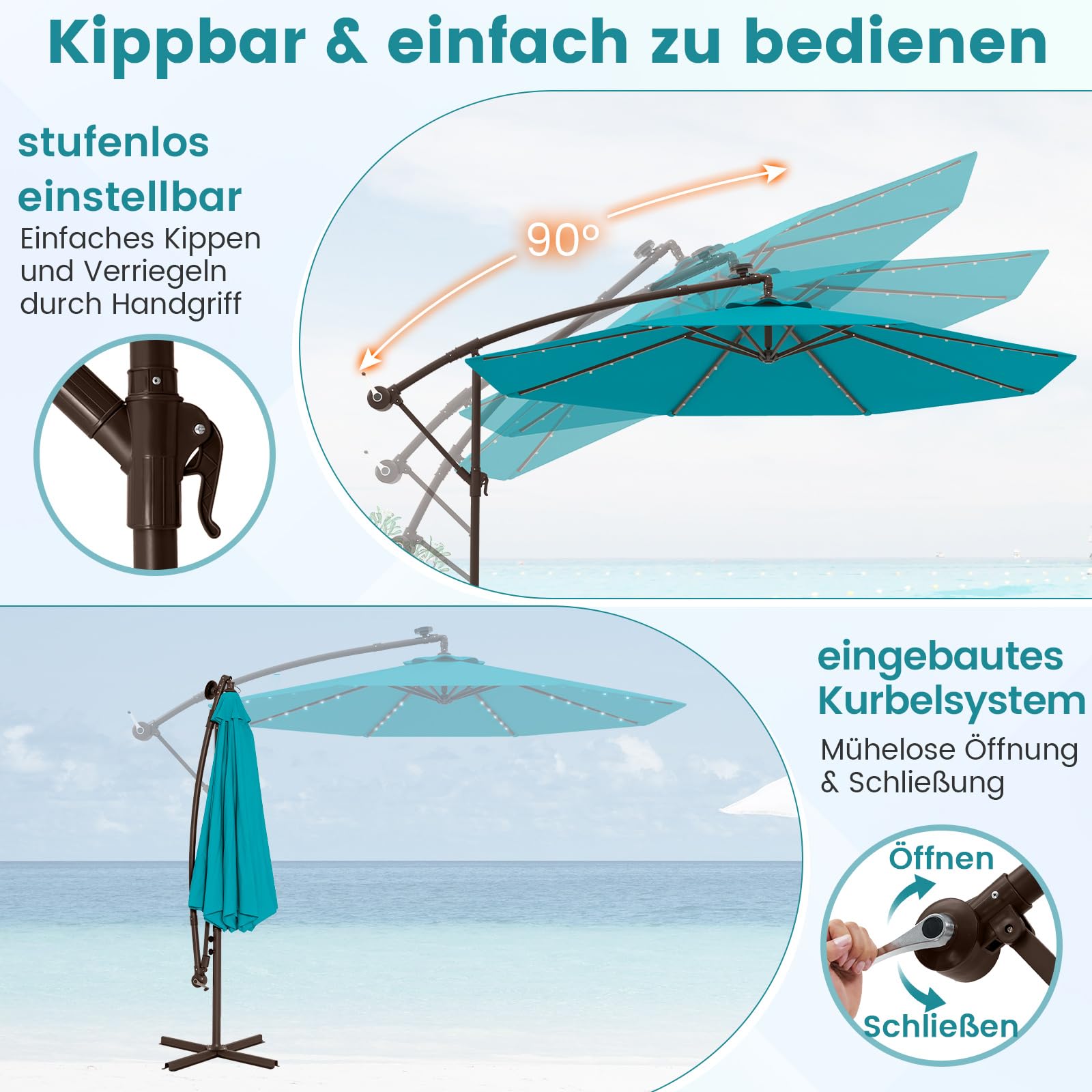 COSTWAY Parasol przeciwsłoneczny z workiem na piasek, 300 cm, z 40 solarnymi diodami LED i korbą, parasol ogrodowy, ochrona przed promieniowaniem UV, parasol na taras, do ogrodu, na basen, taras