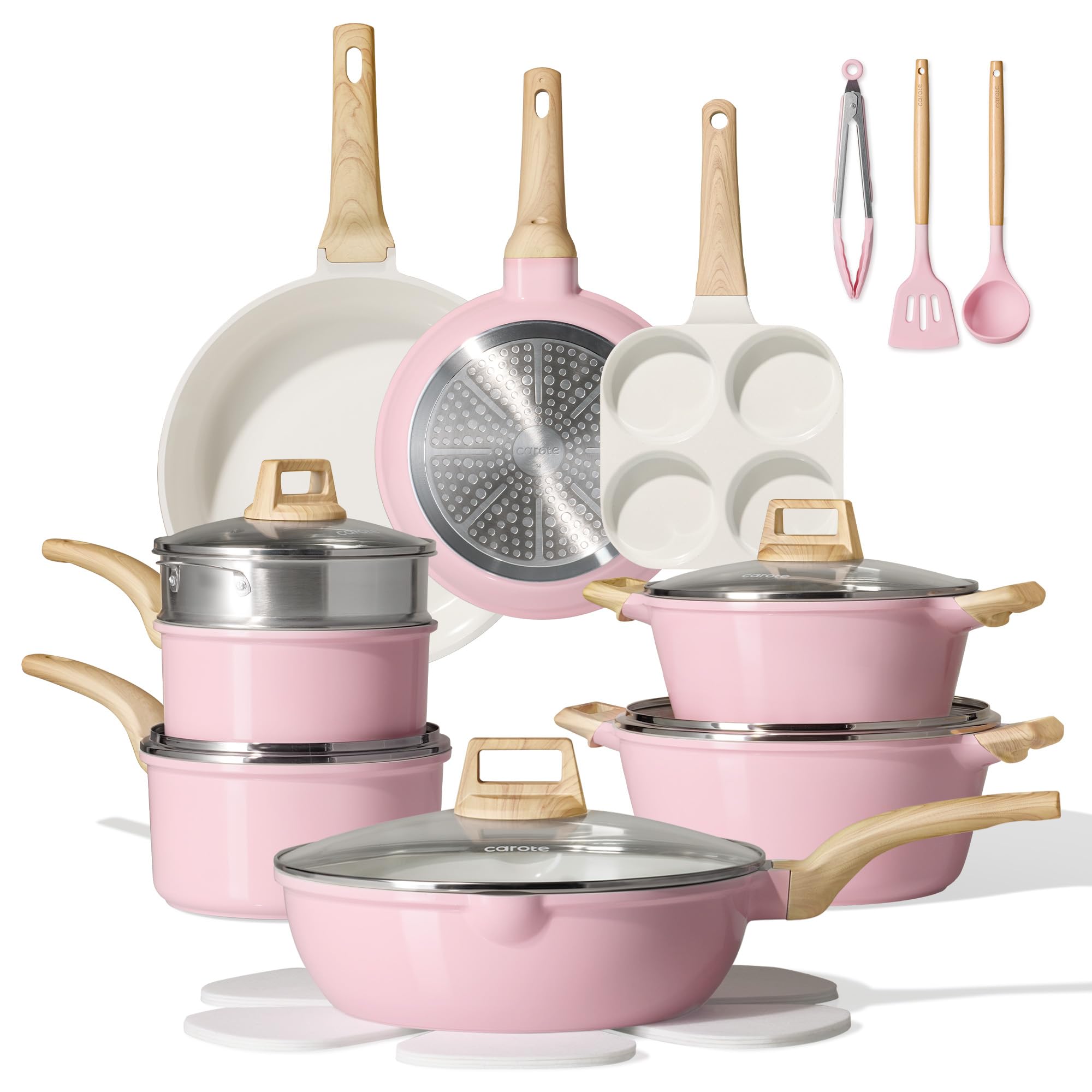 CAROTE 21pcs Ceramic Cookware Set, Pots and Pans Set, Pink | Non-Toxic, Healthy Kitchen set, All-Stovetop Compatible, Easy Clean, Even Heating, PFAS FREE