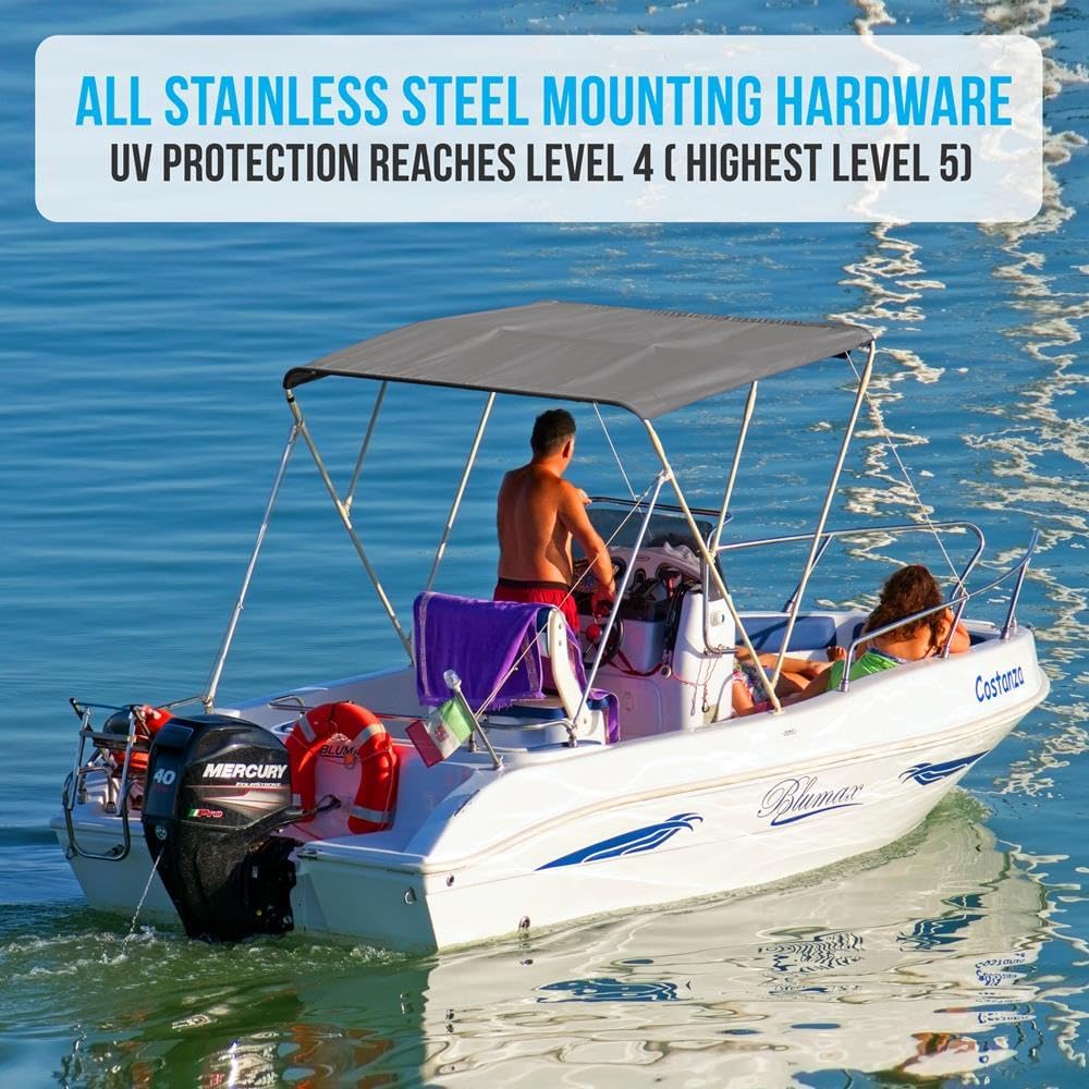 Waterproof Boat Top Cover - 54-60" W 3 Bow Top Sun Shade Boat Canopy - 1" Double Wall Aluminum Frame Tubes, 2 Front Straps, 2 Rear Support Poles, Storage Boot - SLBTW60G.5 (Gray)