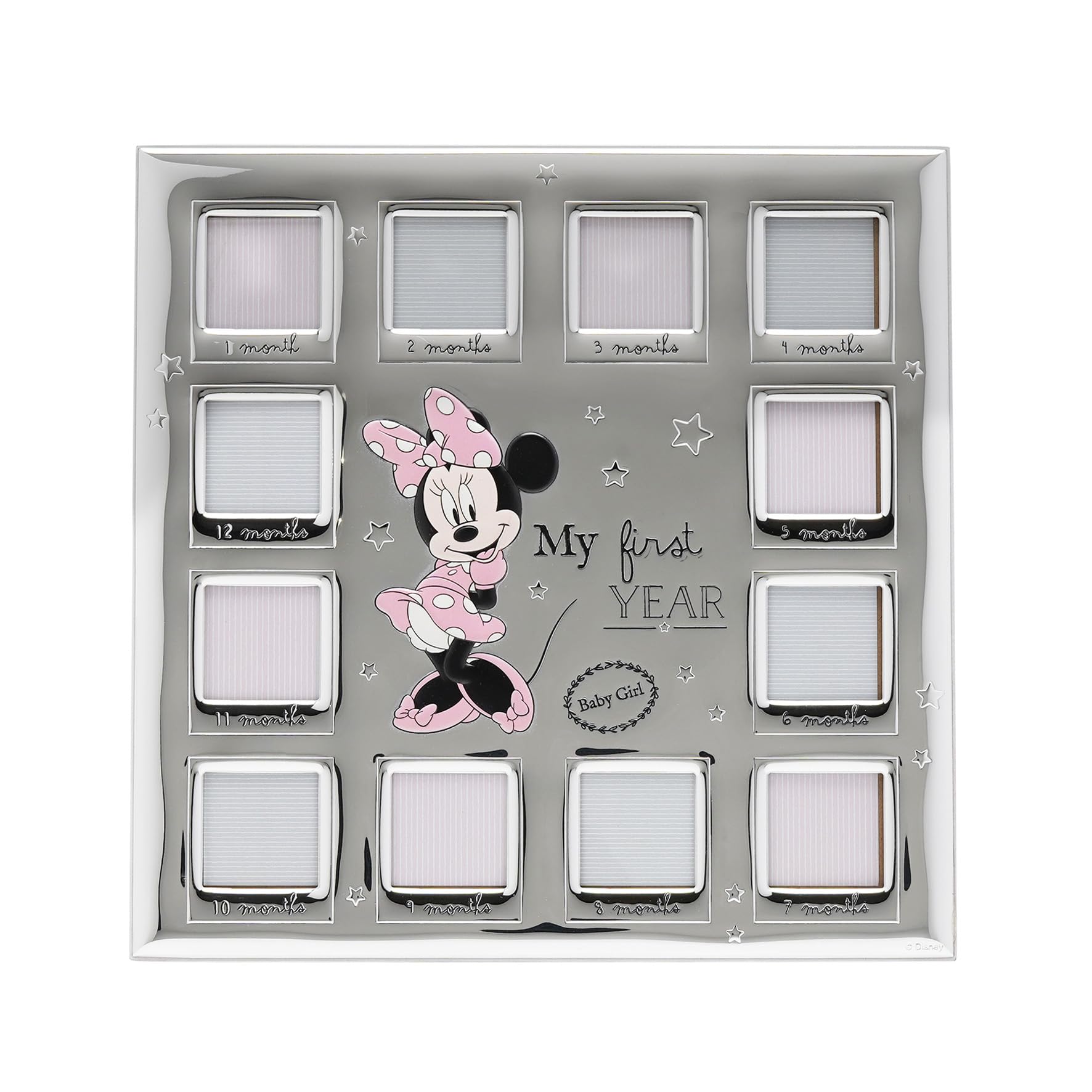 Disney – Minnie Mouse – Echt versilberter Multi-Bilderrahmen "My First Year" – hergestellt in Italien, lizenziertes Disney-Merchandise-Produkt, selbststehend, Holzrückseite, Frühjahr, Geburt, Geschenk