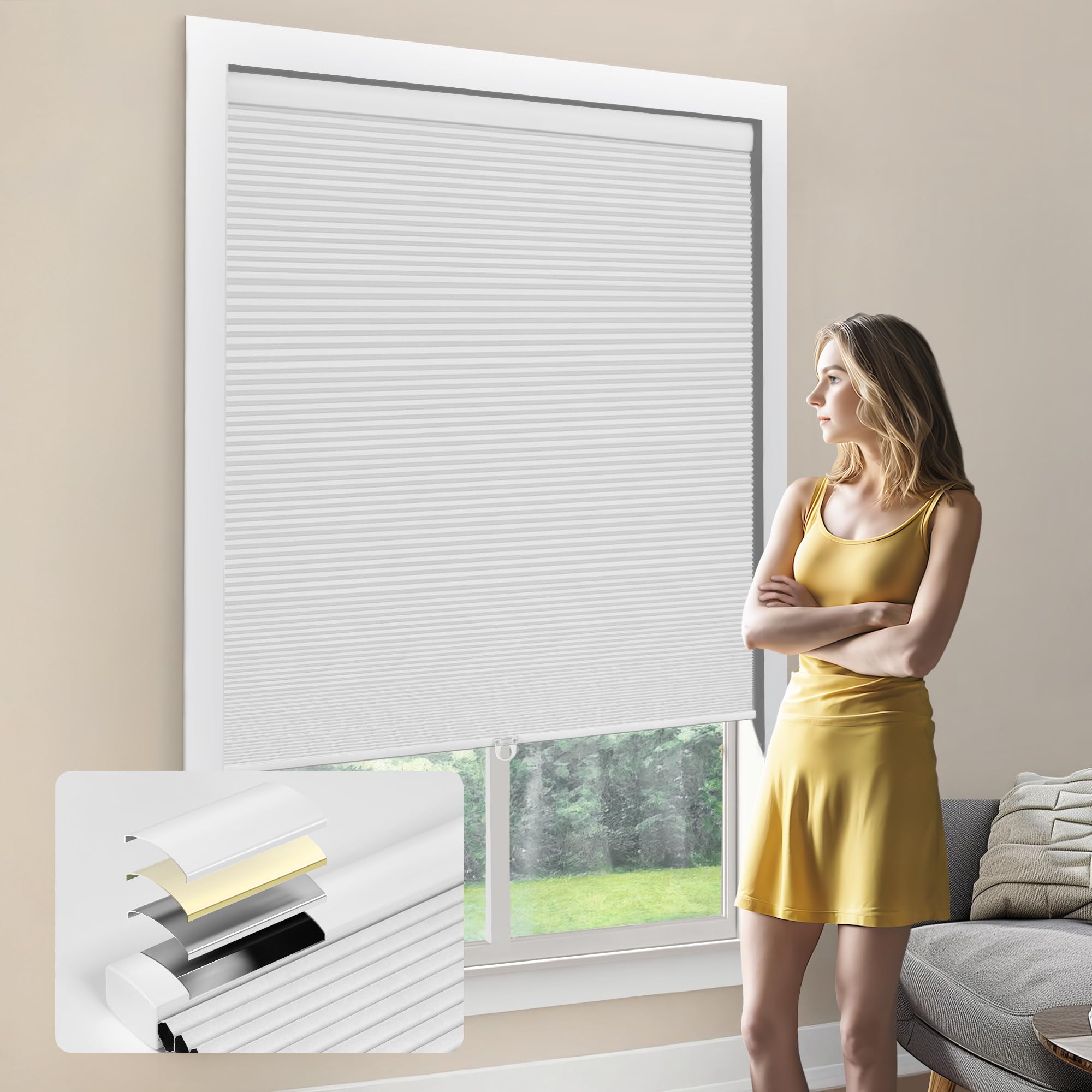 Aluminum upper track Blackout cellular shades cordless, honeycomb blinds window for home, size 19" W × 36" H white - Blackout