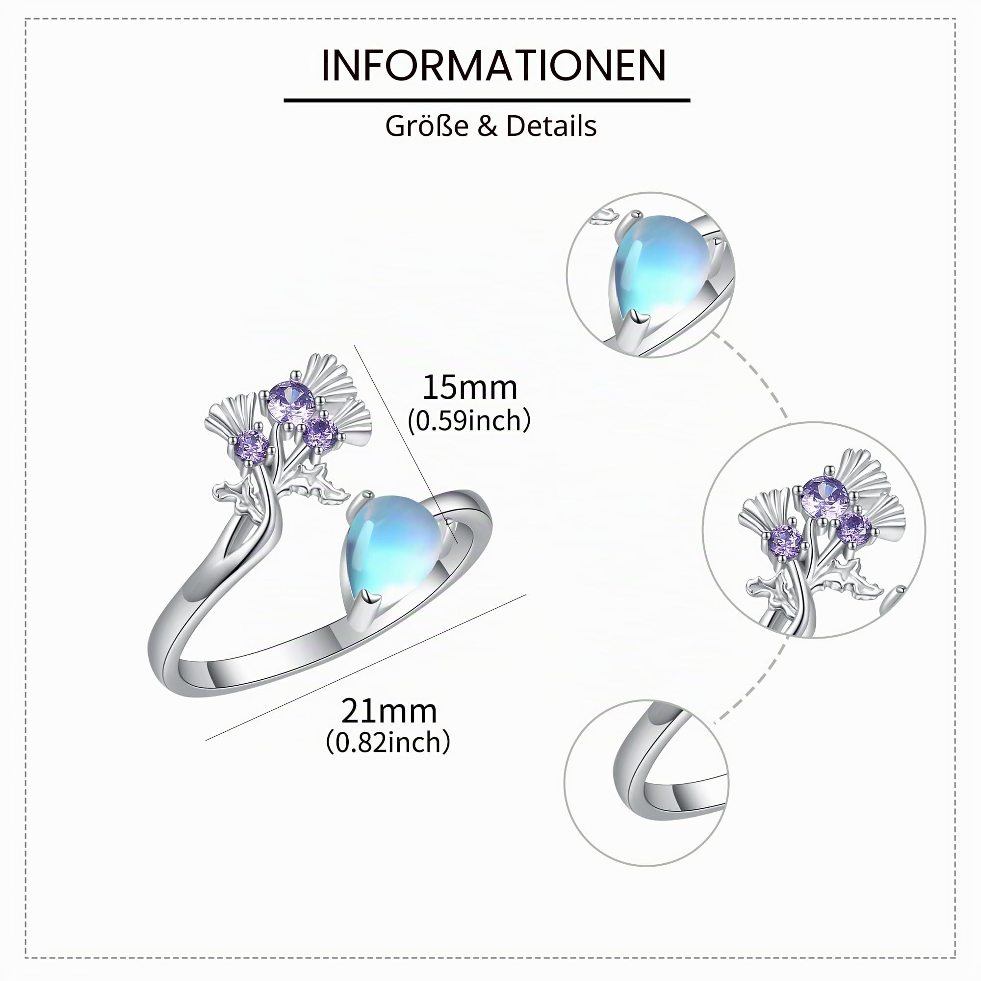 Schottische Distel Ringe 925 Sterling Silber Mondstein Distel Verstellbare Ringe Schottland Muttertag Schmuck Weihnachten Geschenk für Damen Frauen