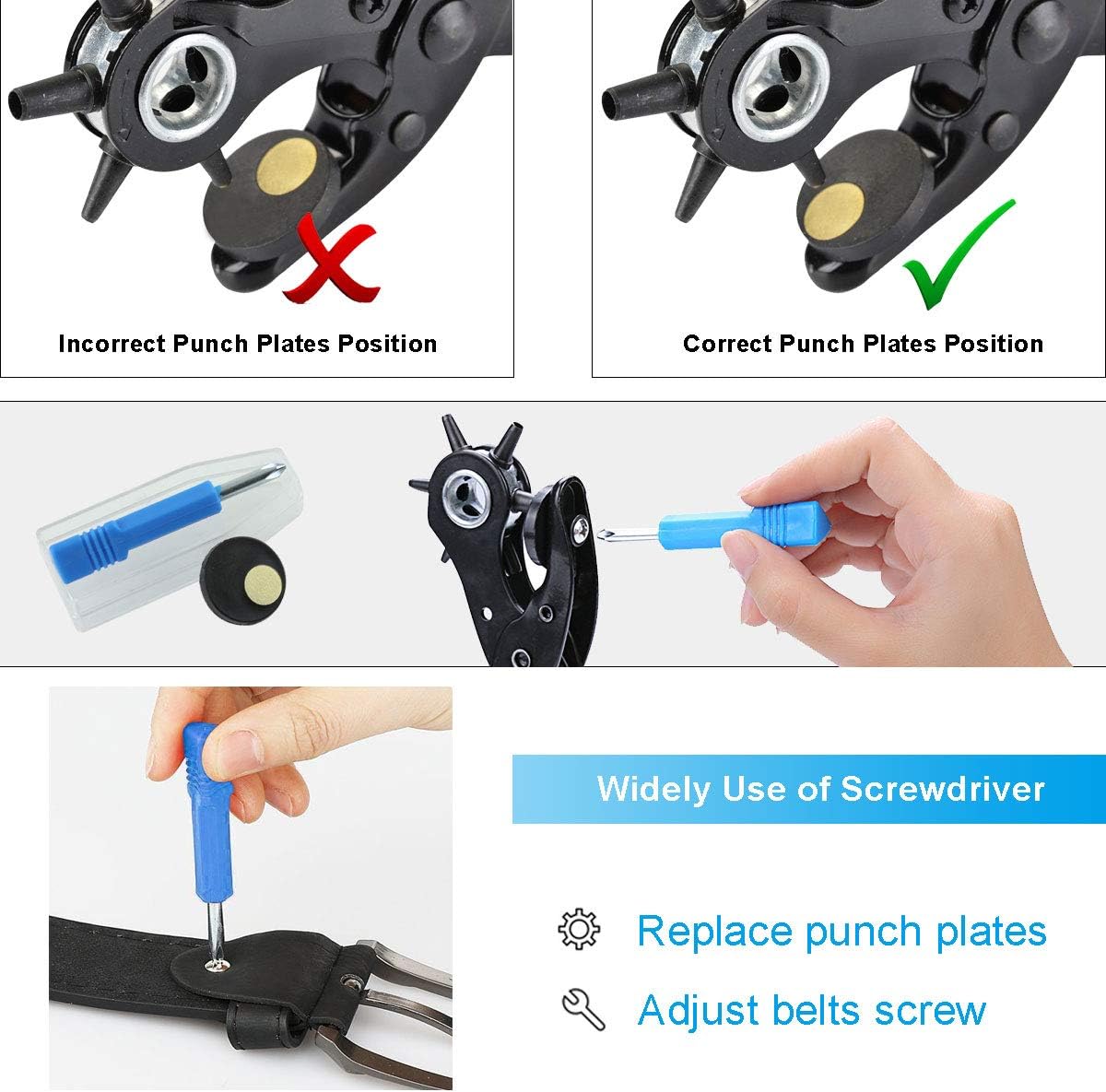 Belt Hole Puncher, (Perfect Full Set) Diyife Leather Hole Punch, Heavy Duty Revolving Punch Plier Tool with 2 Extra Punch Plates and Ruler, Multi Sized Puncher for Belts, Crafts, Card, Rubber, etc. - - 