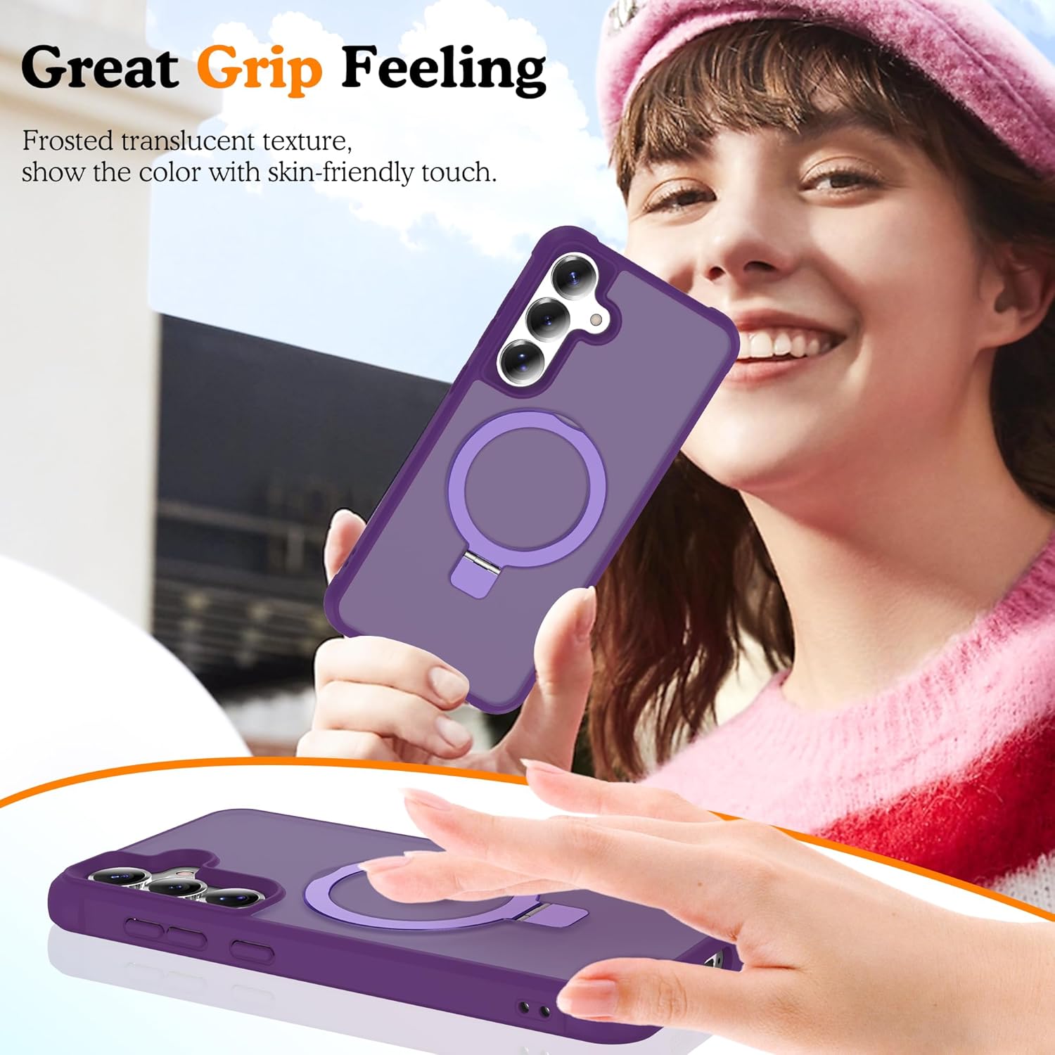 Compatible with Samsung Galaxy S24 Case & Samsung Galaxy S25 Case with Magnetic Ring Stand, Compatible with Mag-Safe Translucent Phone Case for S24 & S25 6.2", Puple