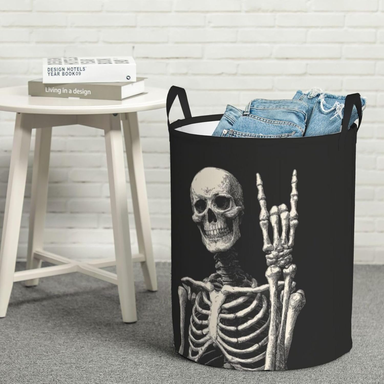 Skull Laundry Basket Foldable Skeleton Laundry Hamper With Handles Waterproof Oxford Cloth Large Clothes Storage Bucket Toy Organizer For Bathroom Bedroom Dormitory Nursery 19.6 x15.7 In