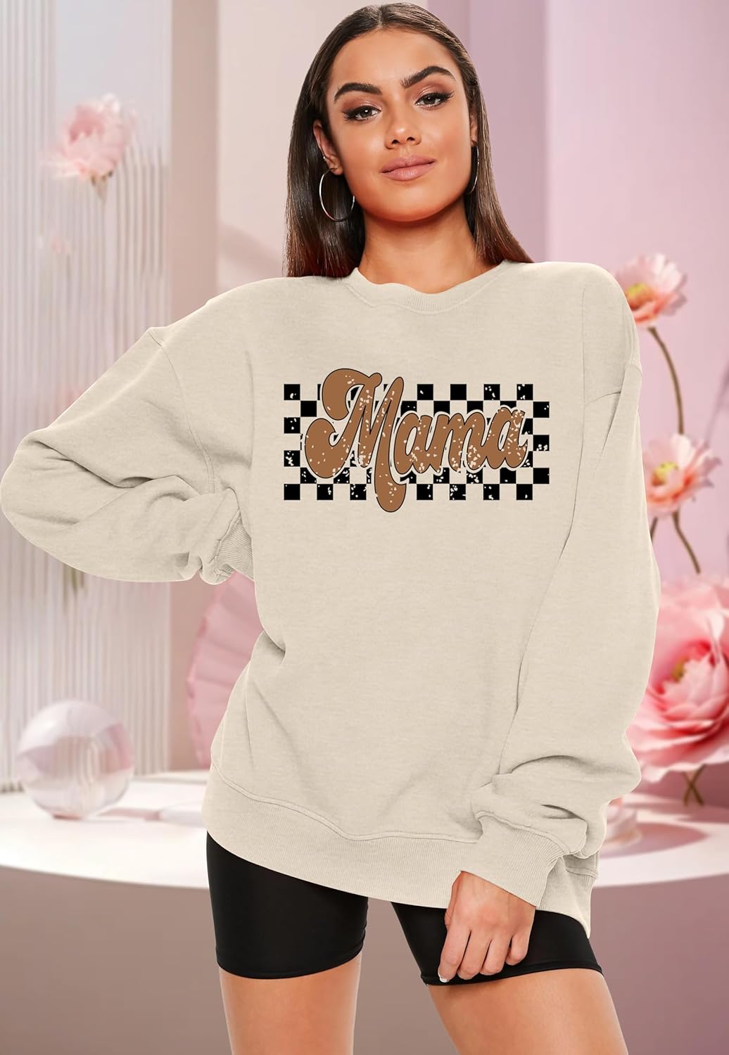 Oversized Mama Sweatshirt for Women Mama Letters Print Shirts Mother's Day Long Sleeve Fleece Pullover Tops - Image 2