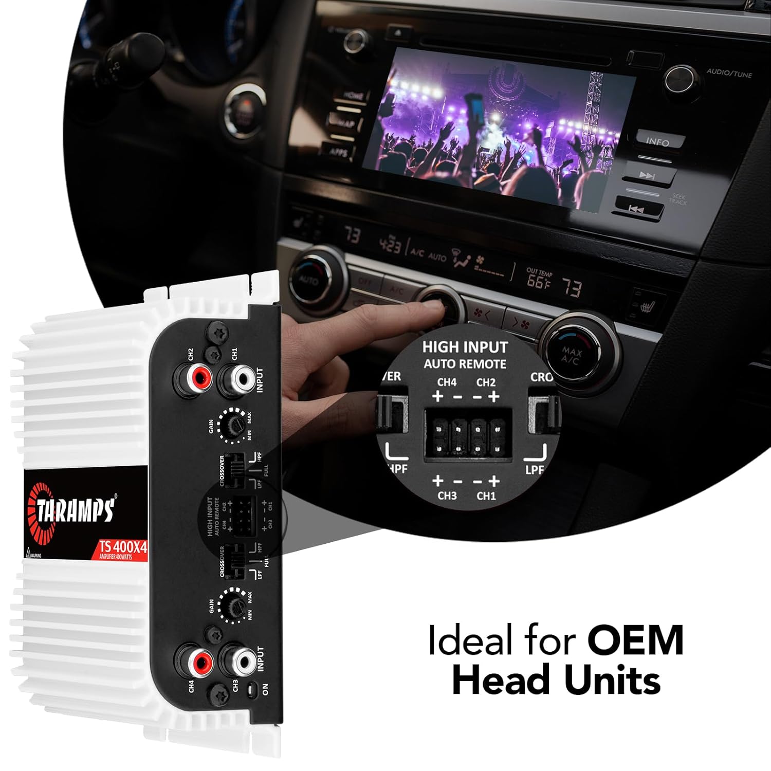 Taramps TS 400x4 2 Ohms White Multichannel Stereo Amplifier 400 Watts Rms, 4 Channels, Full Range, Car Audio Digital 2 Bridged Channel, Crossover High/Low Pass, with RCA and Automatic High Level Input 12 712JpleXFbL. SL1500