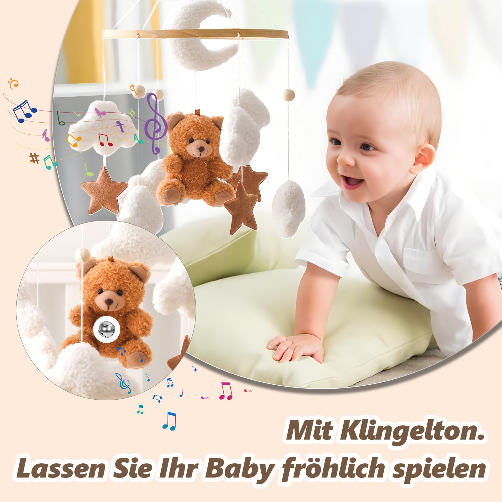 Herfair Cloche de lit mobile pour bébé avec ours en peluche - En bois - Carillon mobile à suspendre - Pour lit de bébé - Marron