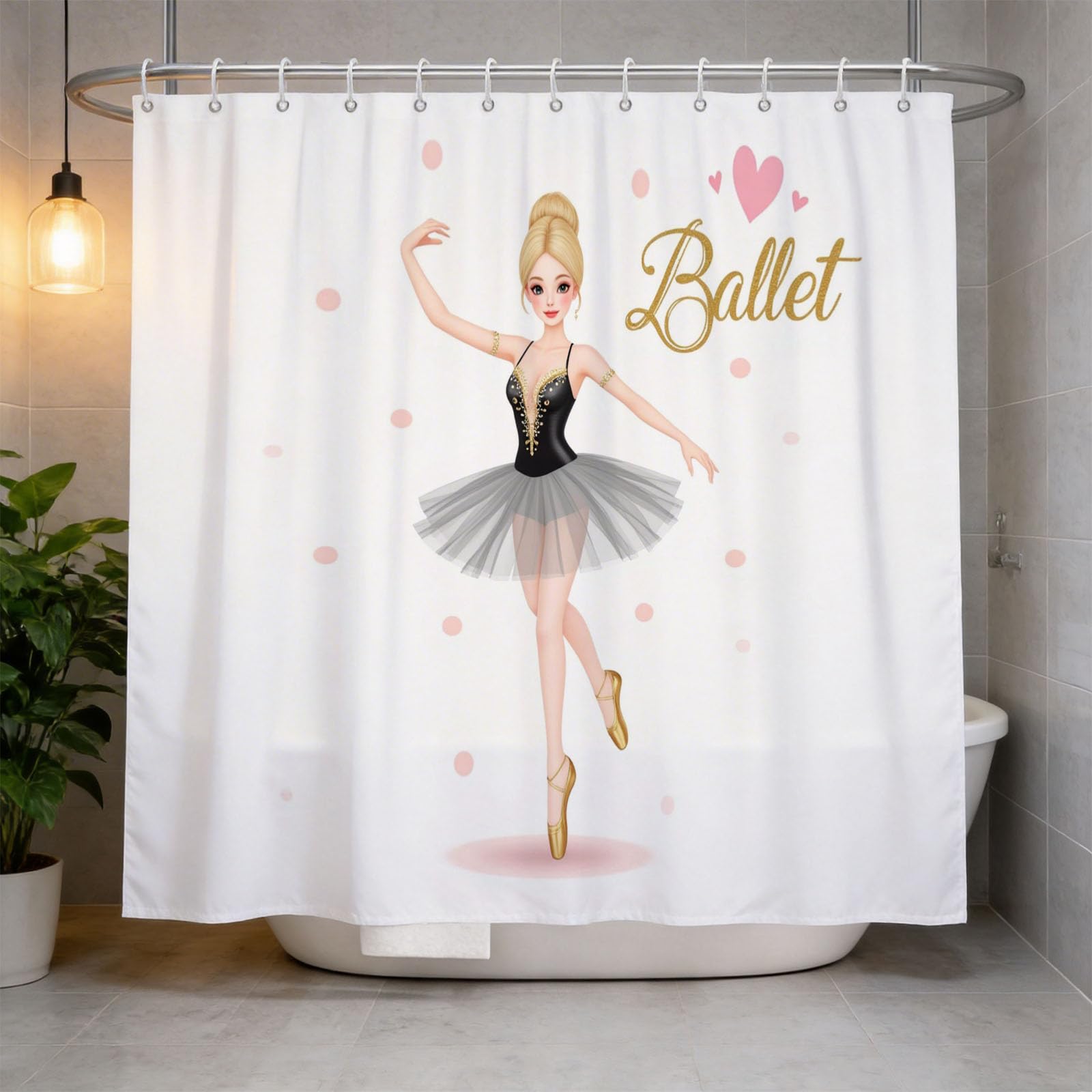 Hongduo 3D Princess Ballet Shower Curtain for Stalls Bathtubs Simple Bathroom Decor Shower Curtain Set Polyester Fabric Waterproof 180x180cm/71X71 Inch with Hooks