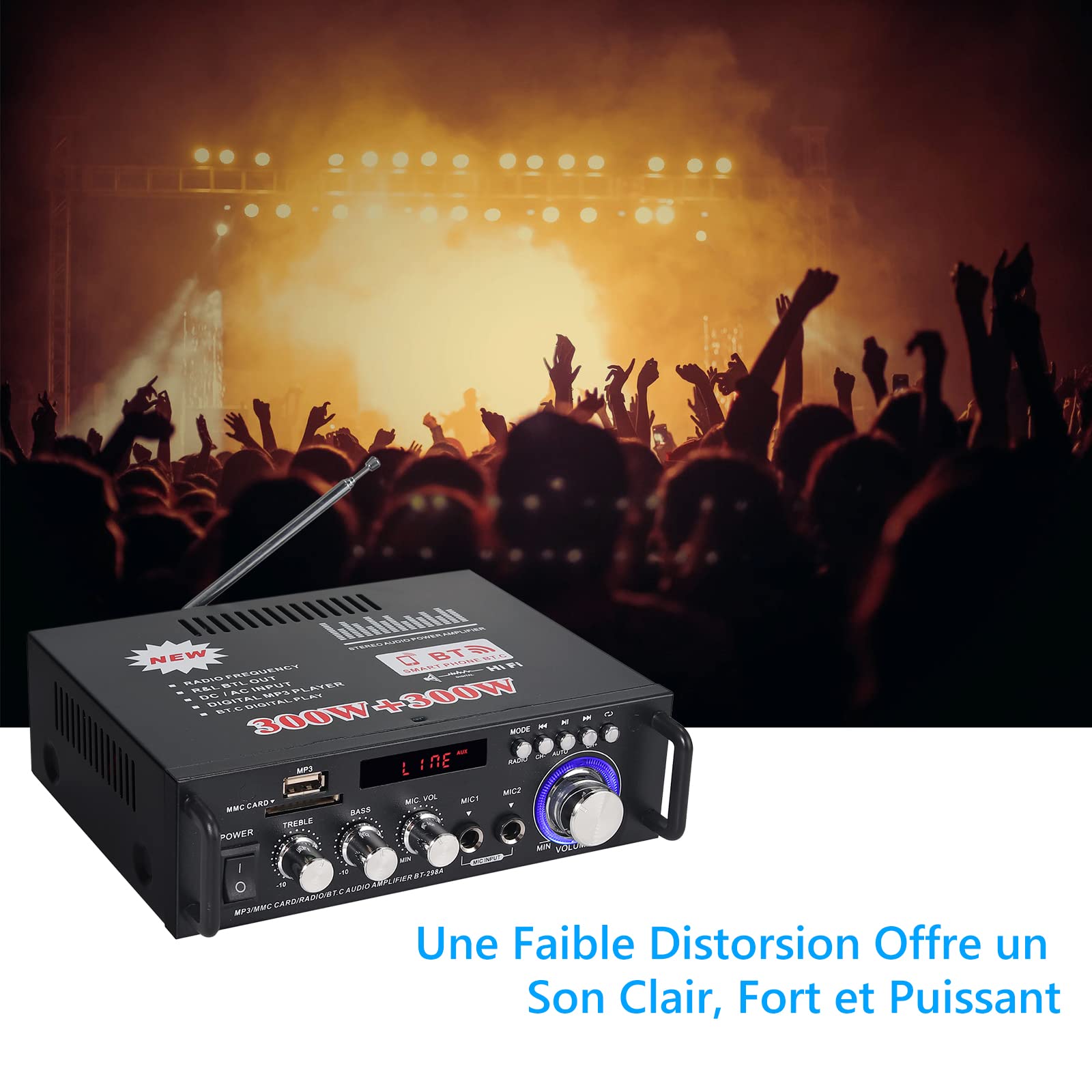 ESYNiC 300W + 300W Mini Amplificateur Audio Stéréo Bluetooth avec Télécommande Amplificateur Audio Numérique Portable HiFi pour Voiture Maison Hi-Fi Musique SD USB FM 12V / 220V