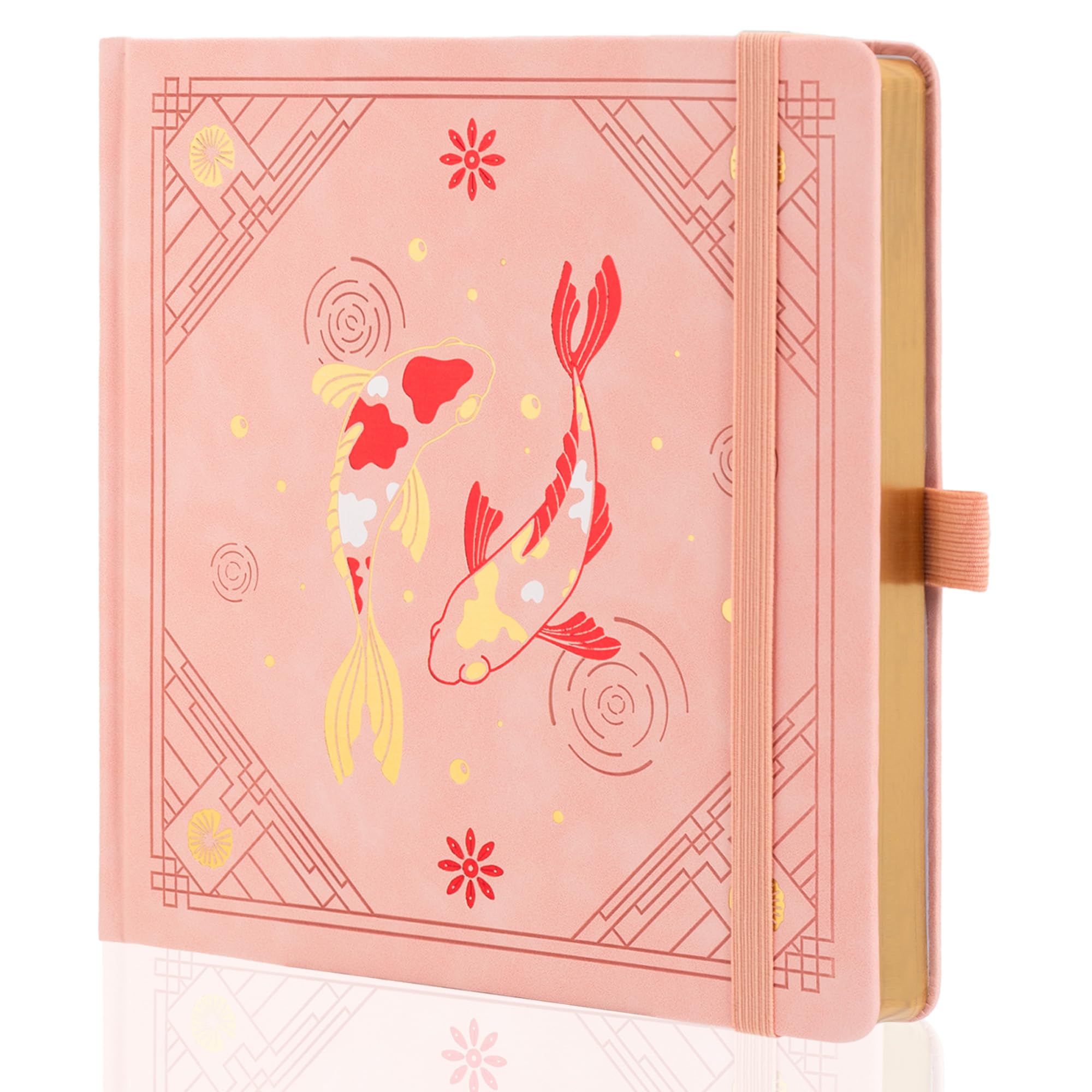 TIEFOSSI Square Dotted Journal Notebook, Aesthetic journal for Women & Men with Koi Fish Cover, Hardcover Notebook with Ribbon, Dot Journals for Writing, Drawing, Planning