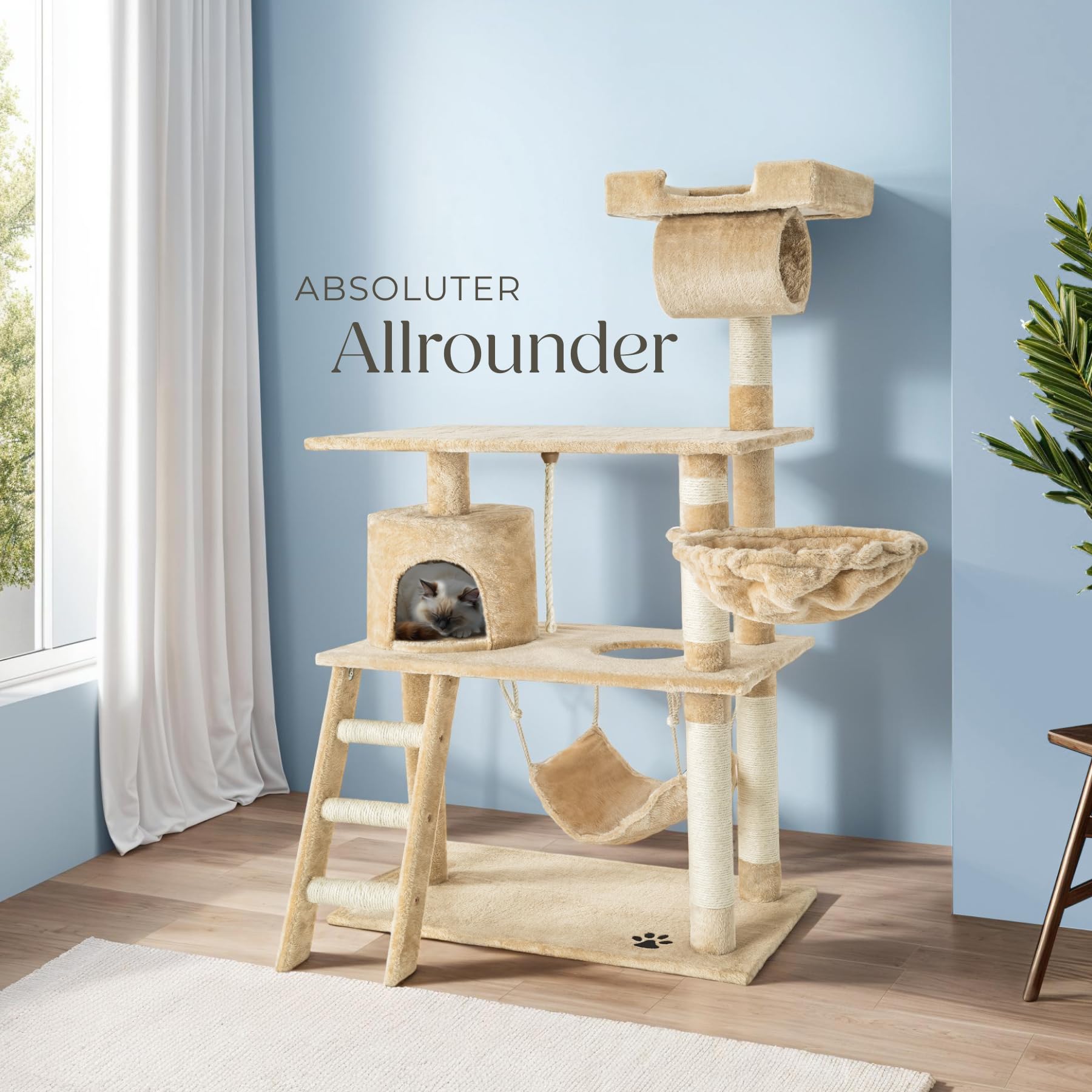 tectake Katzen Kratzbaum, Katzenbaum, Kletterbaum, 141cm hoch, Katzenhaus Indoor mit Hängematte, Höhle, Spielseil und Treppe, Plüsch Sisal, Katzen Kratzmöbel mit Spielzeug, extra breit - beige
