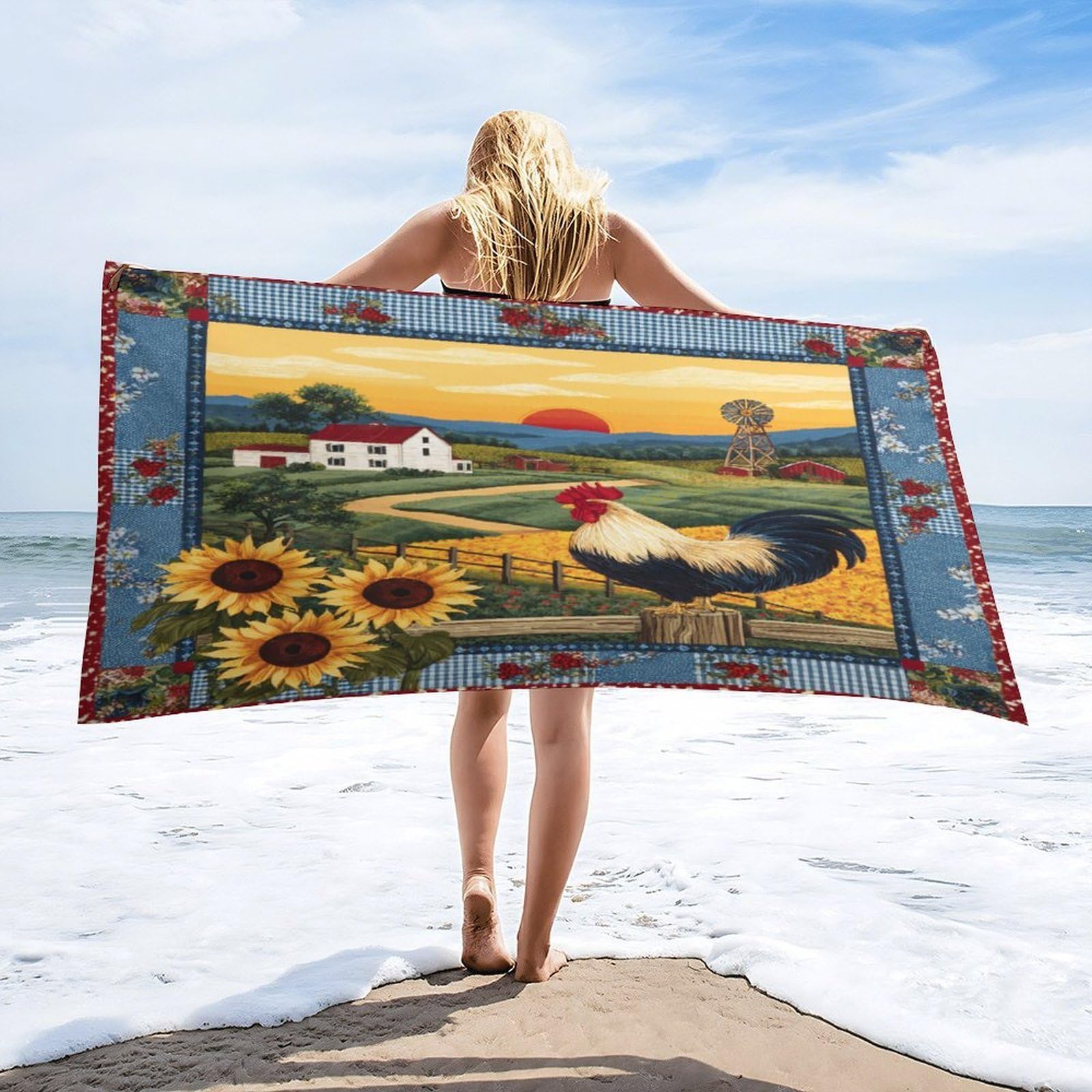 Luyysky Rustic Abstract Animal Rooster Quick-Drying Beach Towel, Vintage Aesthetic Sunrise Farm Log Cabin Windmill Plant Floral Travel Vacation Single Sided Pile Bathroom Towels-80 W Cm X 160" L Cm