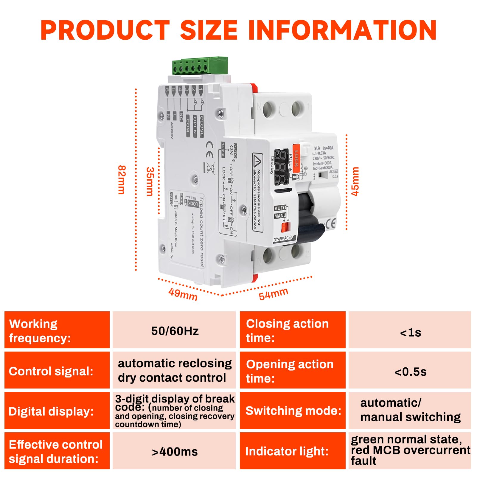 Jadeshay Disjoncteur à réarmement automatique avec affichage LED, Disjoncteur différentiel 30mA 40A 2 Pôles AC230V Disjoncteur intelligent avec affichage numérique GYAR9-AC-G