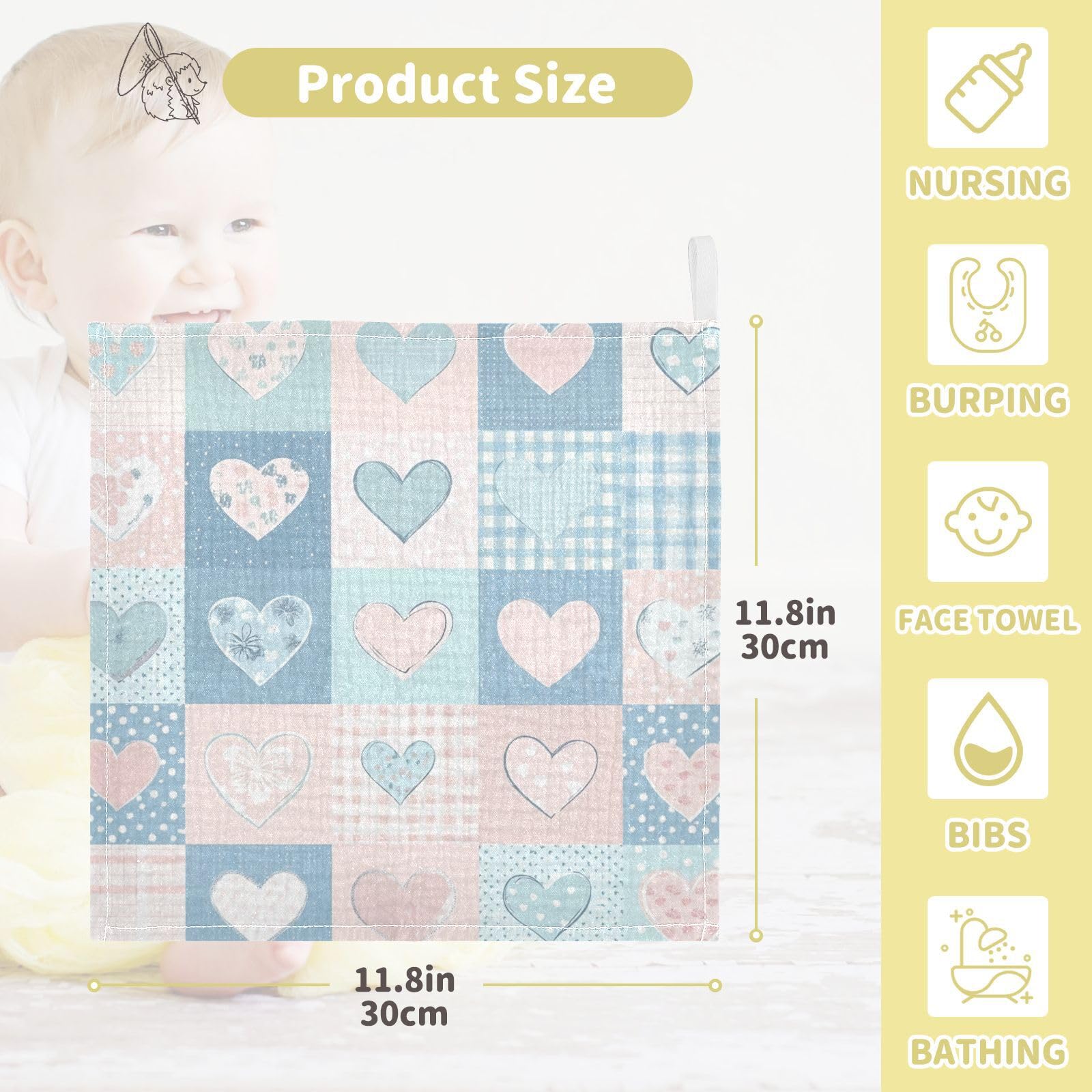 STAYTOP Grid Love Heart Muslin Baby Washcloths Pack of 3 - Soft Face Cloths for Newborn, Absorbent Baby Bath and Face Towels,Cotton Babies Wipes,Feeding Towels for Babies and Infants