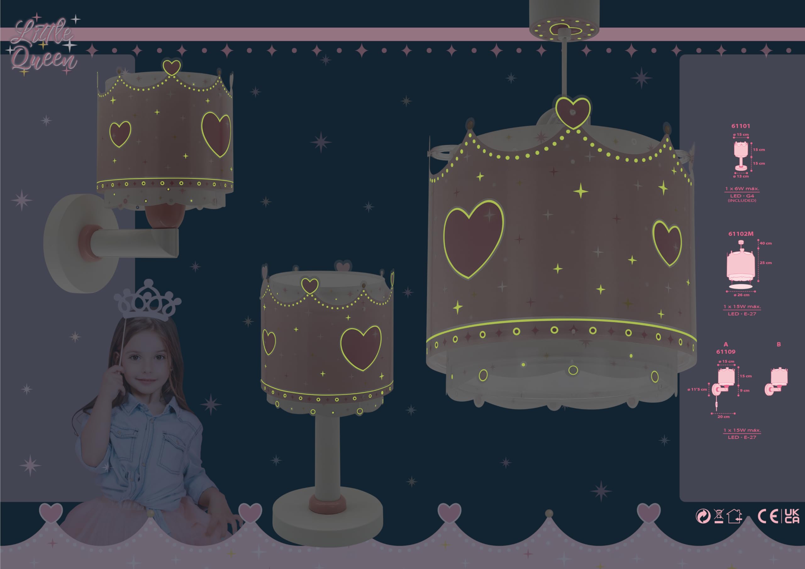 Dalber Lampada da tavolo o comodino per bambini Little Queen Regina Corona, 61101N, G4-4W LED - Lampadina inclusa