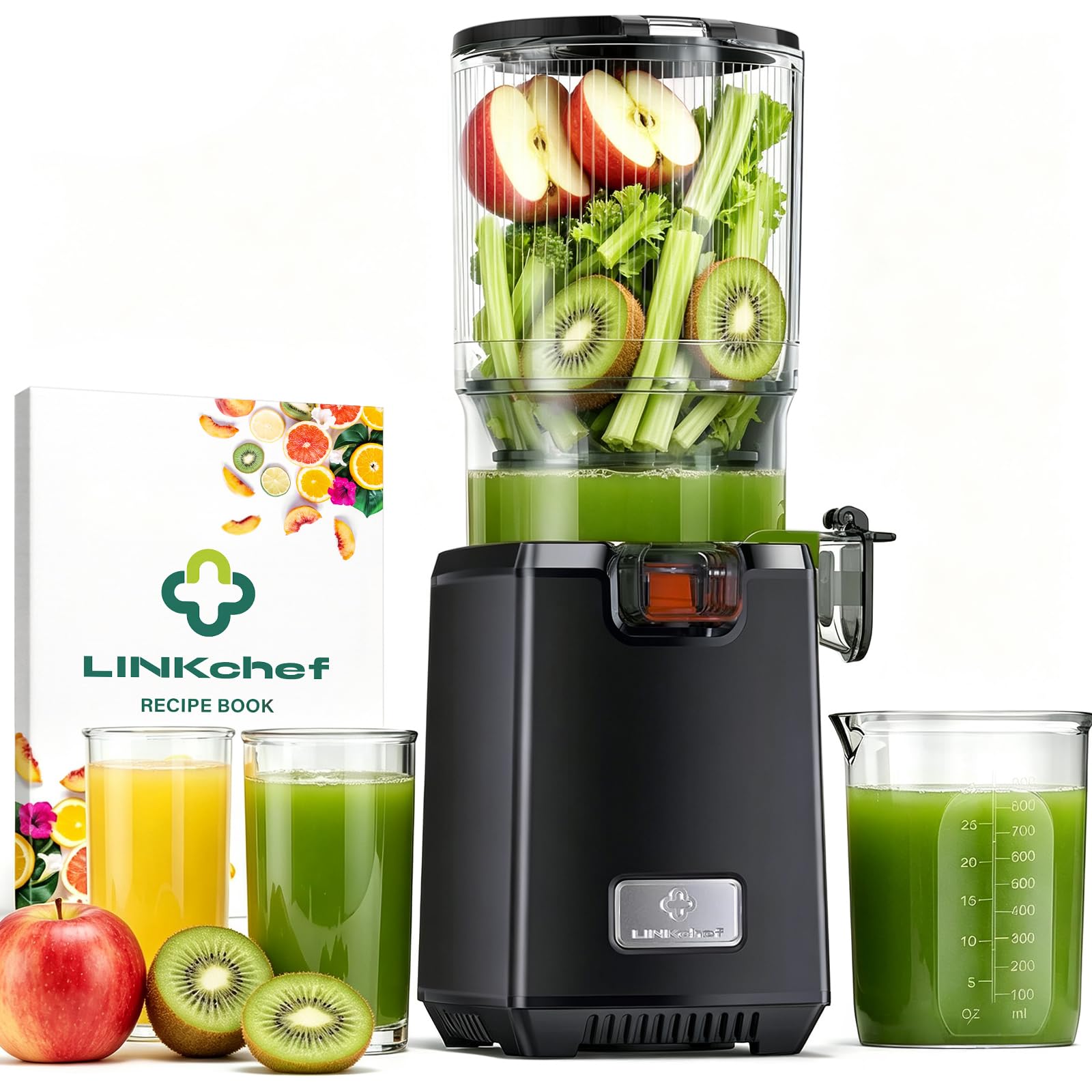 LINKChef Slow Juicer, szeroki otwór 130 mm, wyciskarka do owoców i warzyw, pojemność 1,8 L, elektryczna wyciskarka 250W z funkcją cofania, cicha, łatwy montaż, łatwe czyszczenie, BPA free