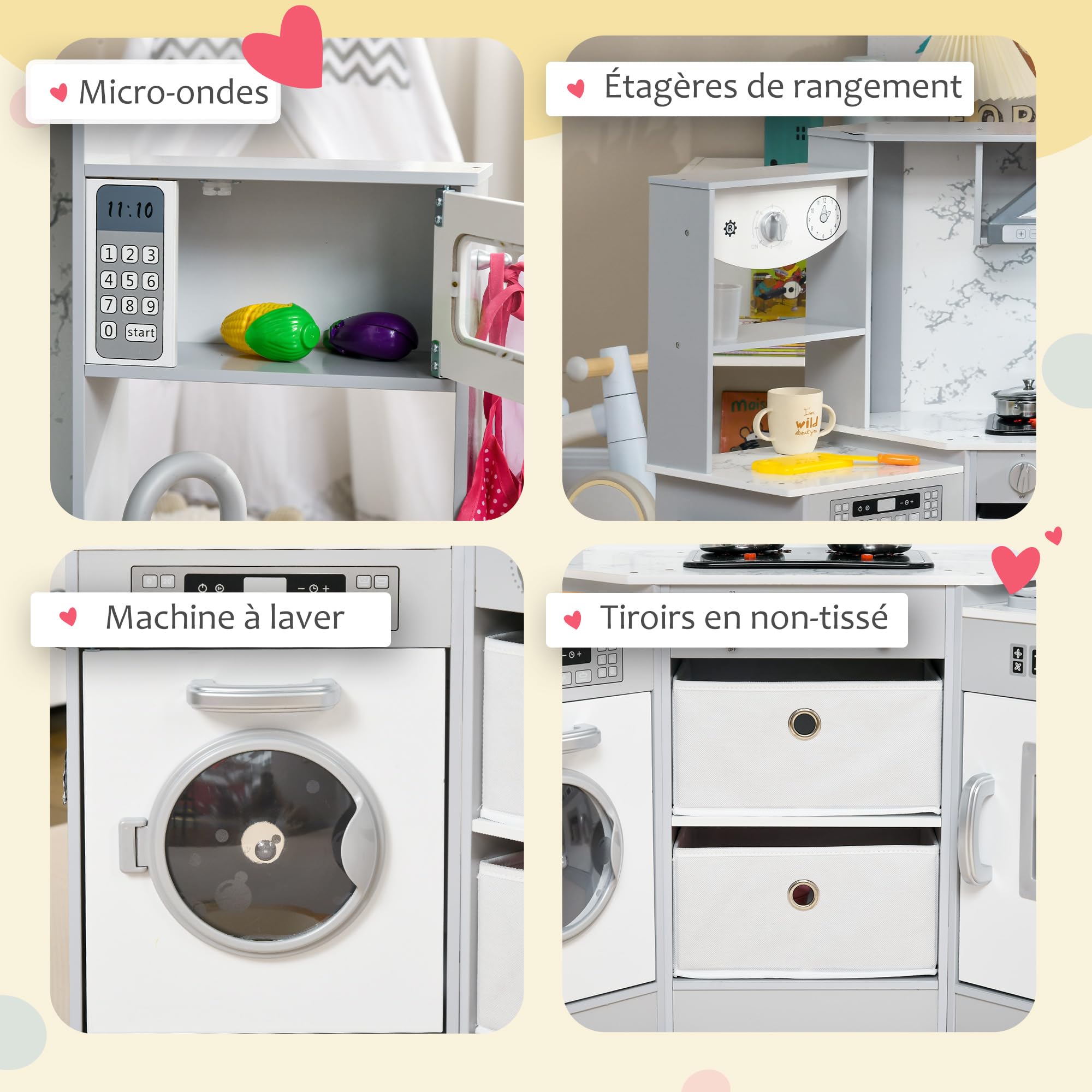 AIYAPLAY Cuisine Enfant en Bois Jouet d'Imitation Coin 3-6 Ans Gris Blanc