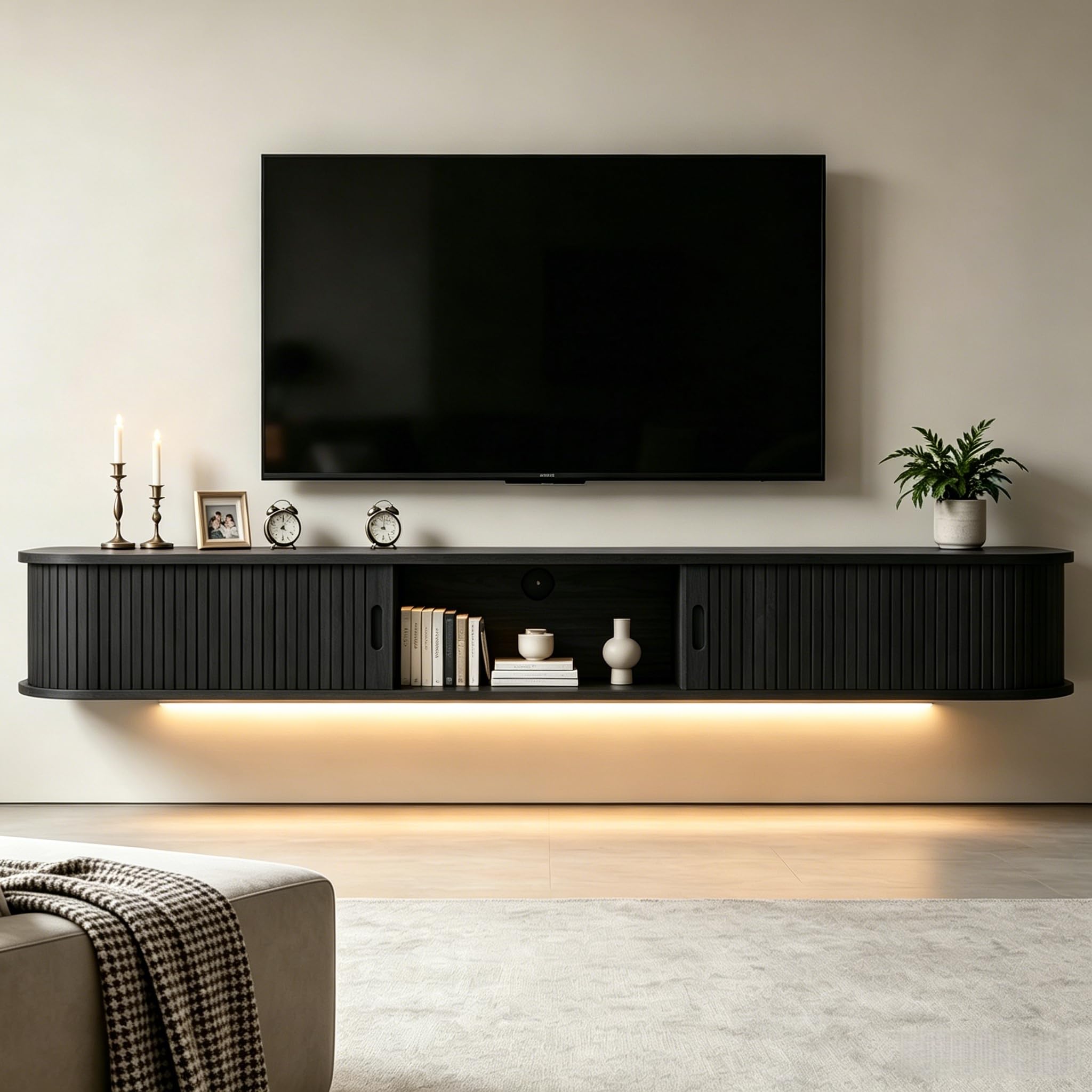 Gdchanyiyi Floating TV Cabinet, 160cm TV Stand with LED Lights and Sliding Doors, Fluted TV Shelves Media Wall Unit for TVs up to 75 Inch, Long TV Unit for Living Room (Black)