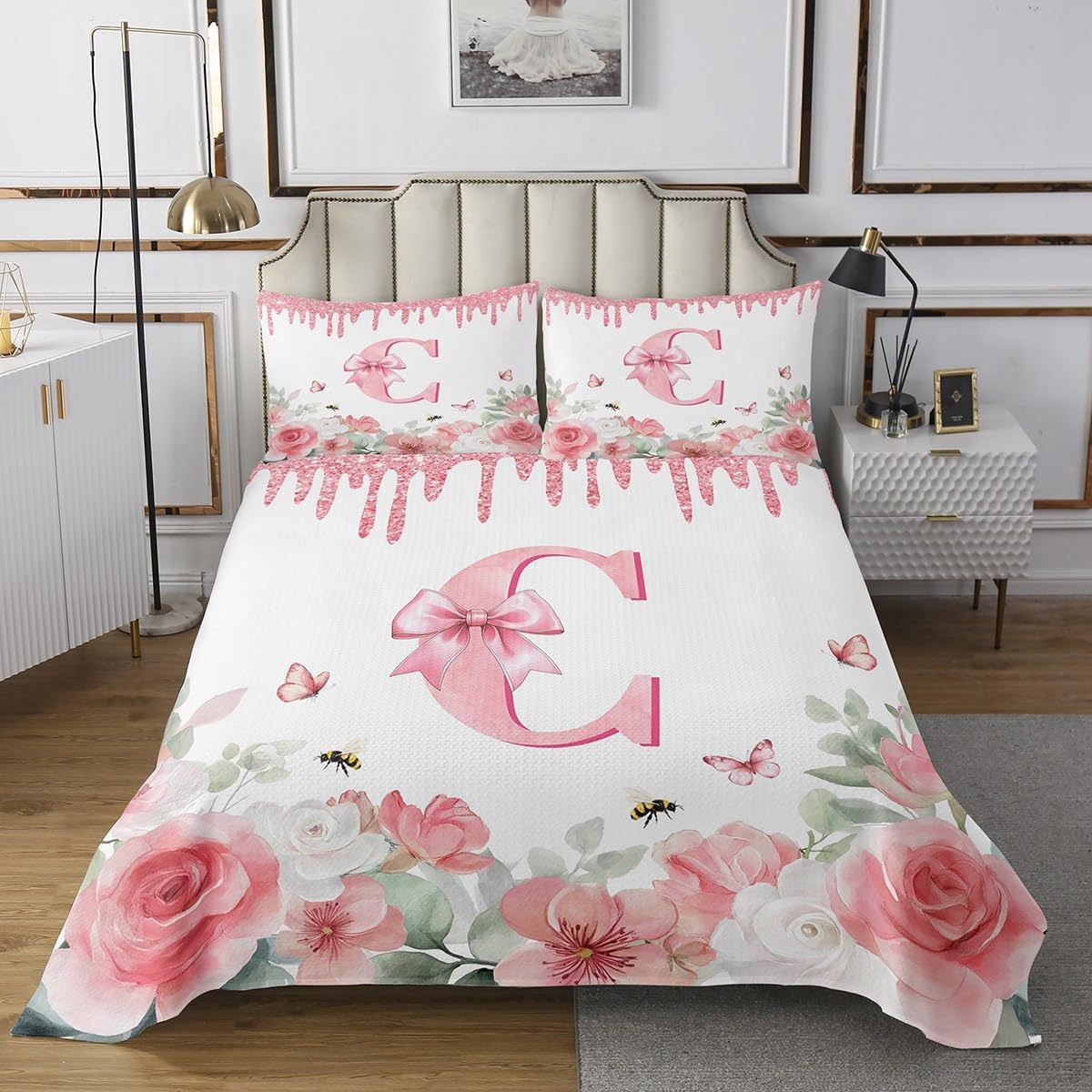 Erosebridal Pink Bow Coverlet Set Queen Cute Initial Letter C Bedspread Monogrammed Bowknot Quilt Set for Kids Adults,Romantic Rose Alphabet Bedding Quilted