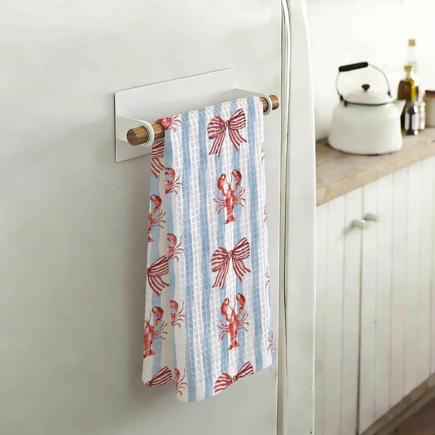 Red Coquette Bow Lobster Crab Coastal Kitchen Towels 16x24 Inch, Seafood Boil Party Supplies, Light Blue Striped Nautical Beach Decorative Hand Tea Towels for Kitchen Bathroom image 3