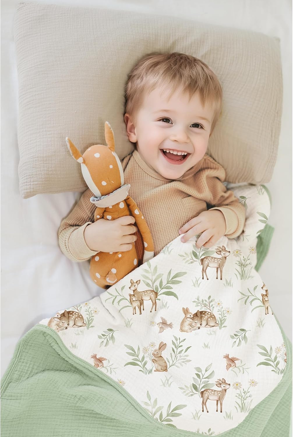 Konssy Muslin Baby Blankets for Girls Boys, 100% Cotton Crib Blanket for Infant Toddler, Super Soft and Lightweight Nursery Swaddling Wrap 40"x36" (Woodland) - Image 2