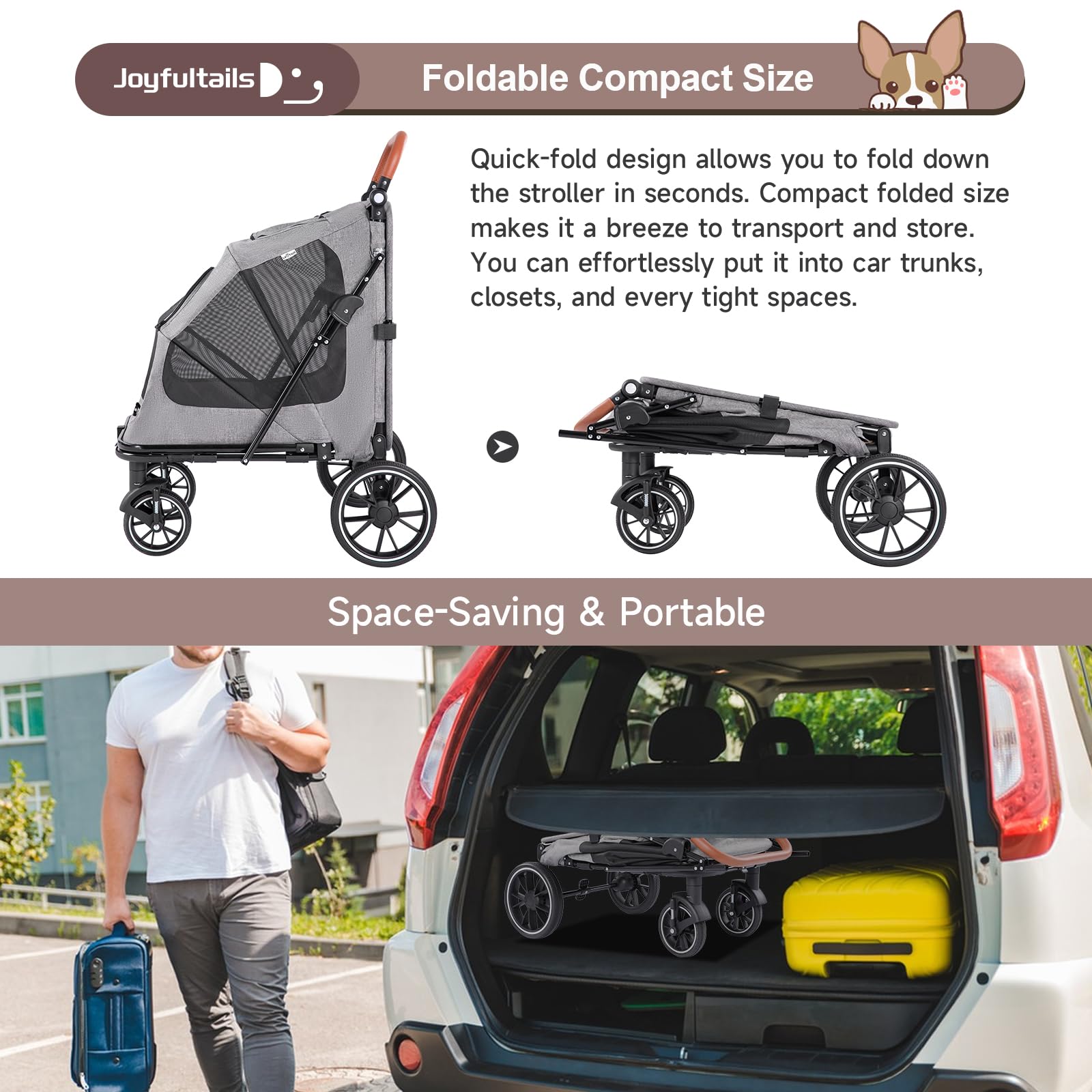 Hundewagen Hundebuggy bis 50 kg, Faltbarer Hundetrolley, Katzenbuggy für große und mittelgroße Hunde, Hundebuggy Große Hunde Schwerlast Hundewagen mit 4 Rädern Verstellbarer Griff