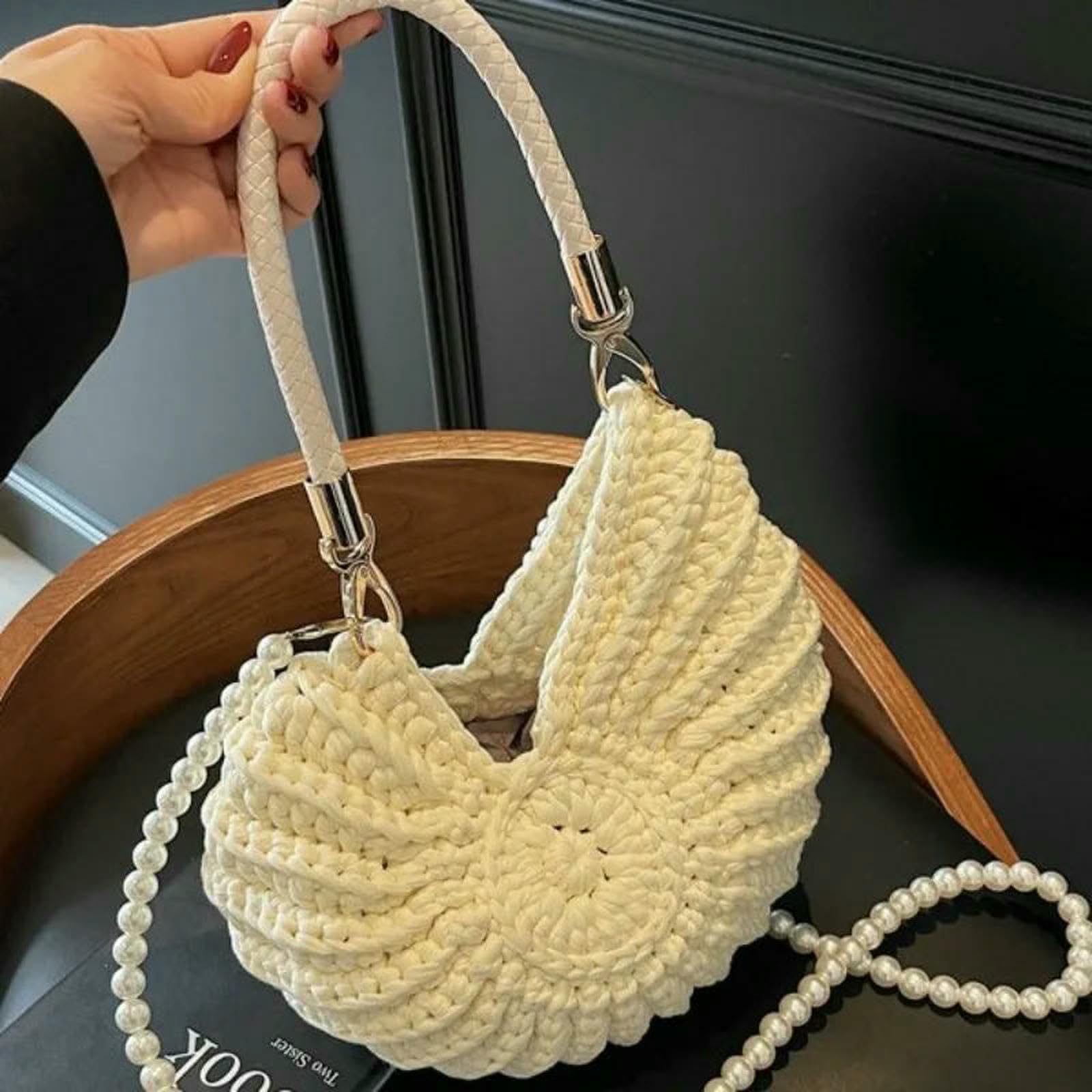 Słomiana torba kreatywna w kształcie muszli szydełkowane damskie torby na ramię śmieszne urocze perły łańcuszki ręcznie tkany crossbody nowość małe torebki, Khaki, A