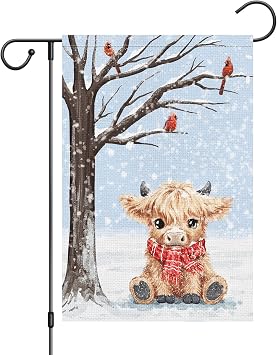 Louise Maelys Welcome Winter Garden Flag 12x18 Double Sided, Burlap Small Snow Highland Cow Calf Yard House for Outside Outdoor Decoration
