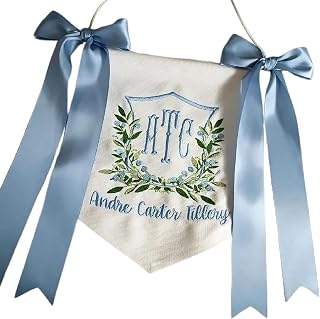 Personalized Baby Welcome Banner Custom Embroidery Name Flag New Coming Baby Hospital Door Sign with Bows Baby Shower Decoration (002)