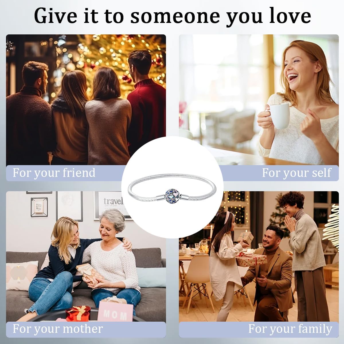 Flowers Moon Heart Charm Bracelet 925 Sterling Silver Snake Chain Charm Bracelet with 5A Cubic Zirconia Valentine's Day Mother's Day Jewelry Gift for Womens - Image 5