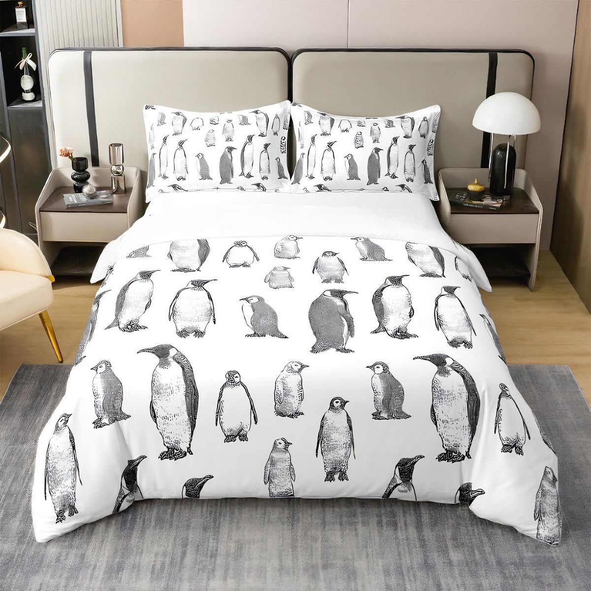 Erosebridal 100% Cotton Penguin Bedding Set Queen Size, Antarctic Animal Duvet Cover for Kids Boys Girls Children, Winter Theme Comforter Cover Penguin Sketch Quilt Cover Decorative, Grey White
