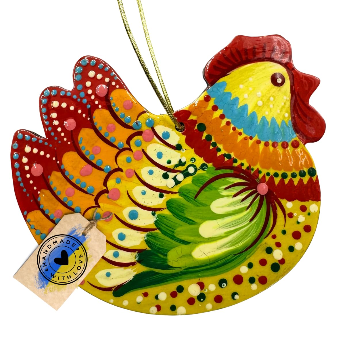 Rustic Wooden Chicken Christmas Ornament – Handcrafted & Hand Painted with Filigree Ukrainian Patterns – Easter & Holiday Farmhouse Decoration, 11 × 8.5 × 0.5 cm – 4,3 x 3,15 x 0,2 inch