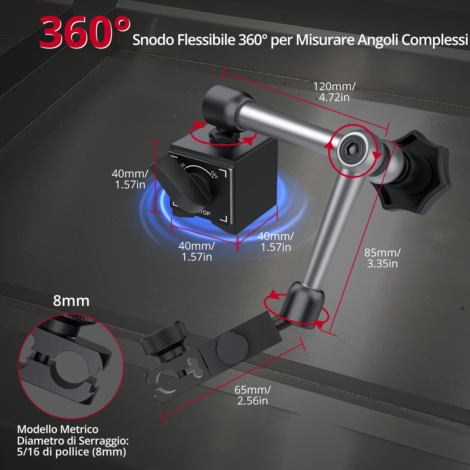 XUNTOP Comparatore Centesimale 0-25,4 mm con Base Magnetica 132lbs/60kg, Digital Dial Indicator 1inch/0.0005inch con Display LCD di Conversione Pollici/metri per Tornio, Stampante 3D, CNC, Industriale