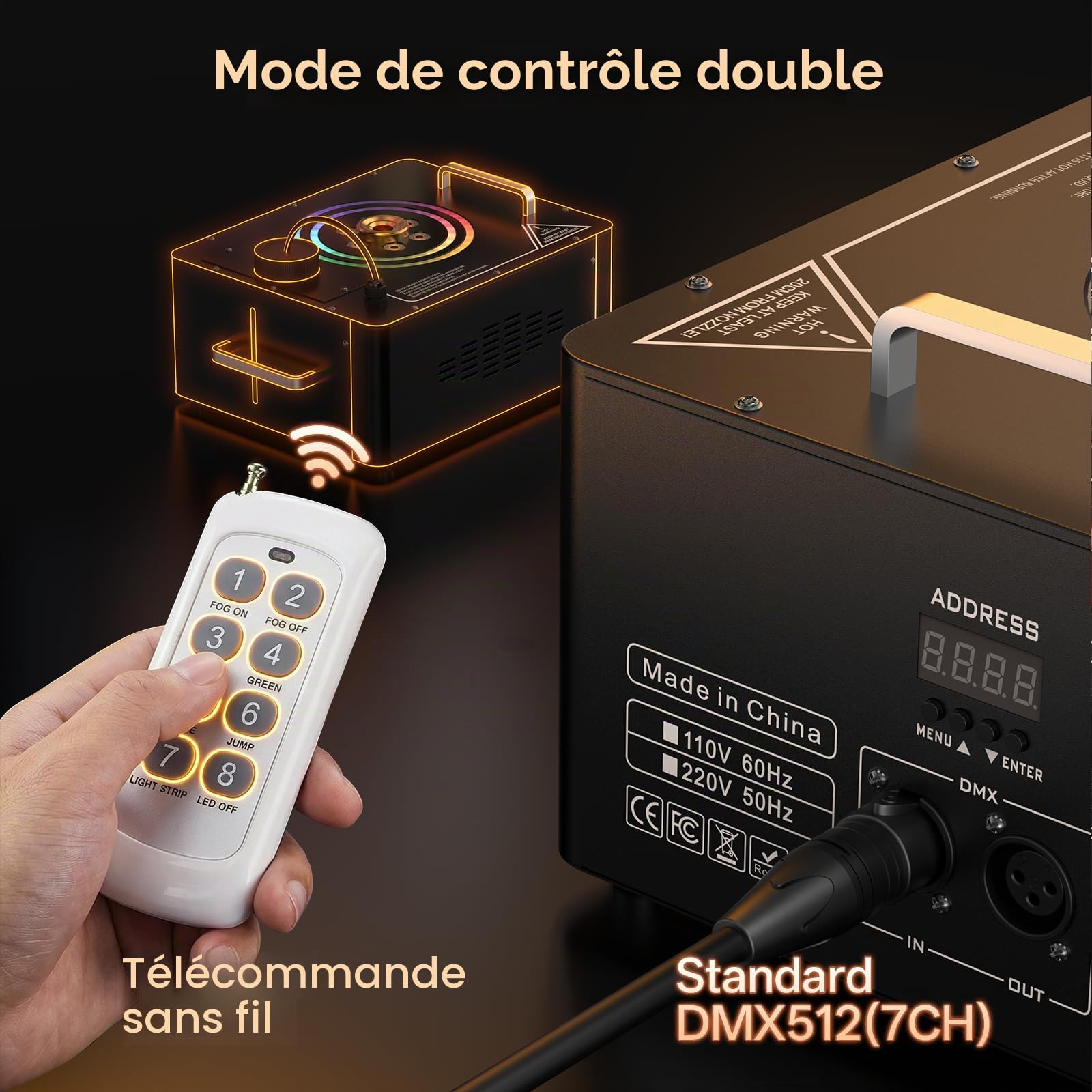 1500W Machine à Fumée avec Télécommande, Wash 6 RGB LED Effets Lumineux Stroboscopiques 3 000 CFM/min Machine à Brouillard Portable DMX512 pour Halloween Mariages Scènes Fêtes