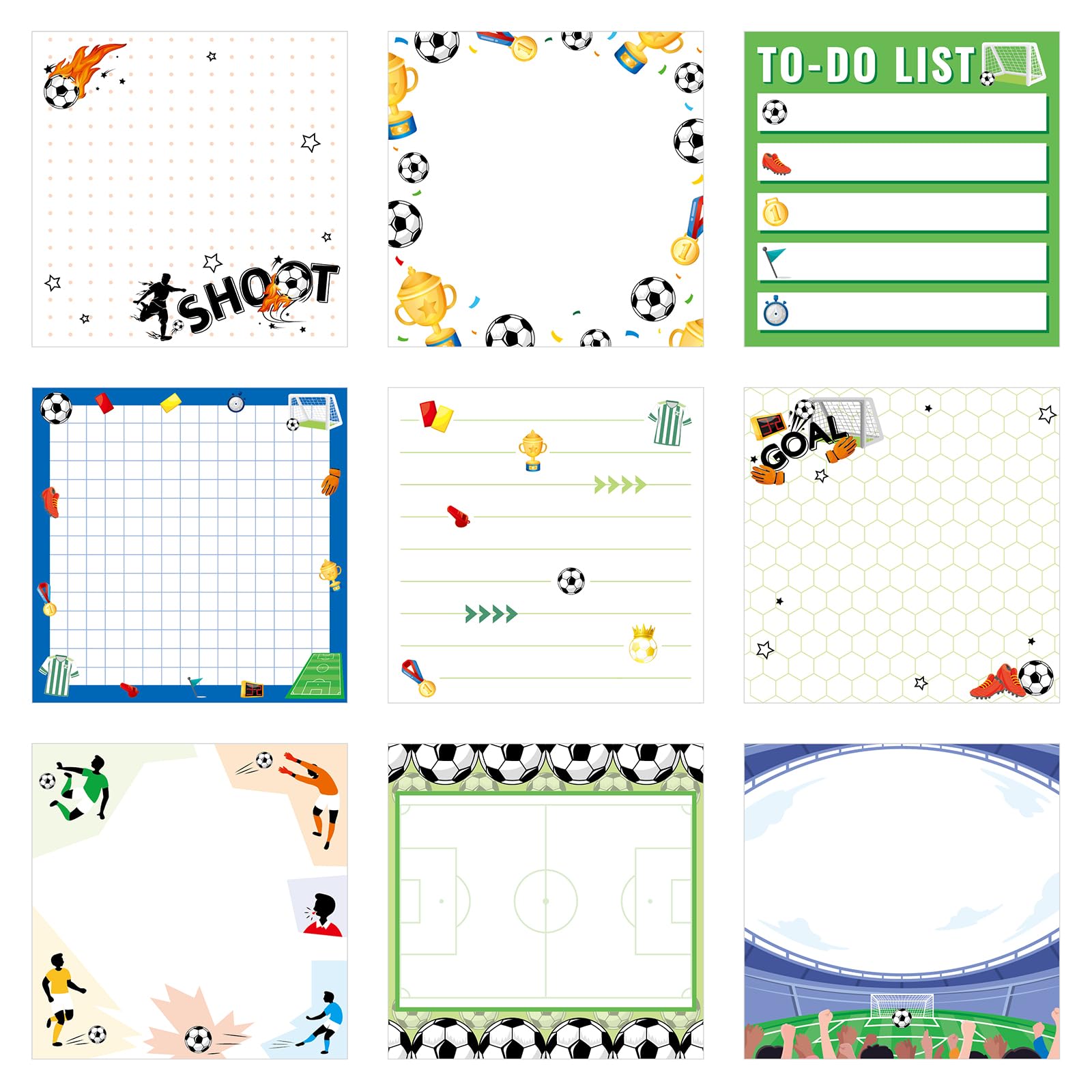 MWOOT 9 Pcs Football Sticky Notes 3 × 3 Inch, Funny Soccer Themed Self-Adhesive Writing Notepads, Cute Sports Gifts Memopads Essentials for School Office Records Checklist Supplies Stationary
