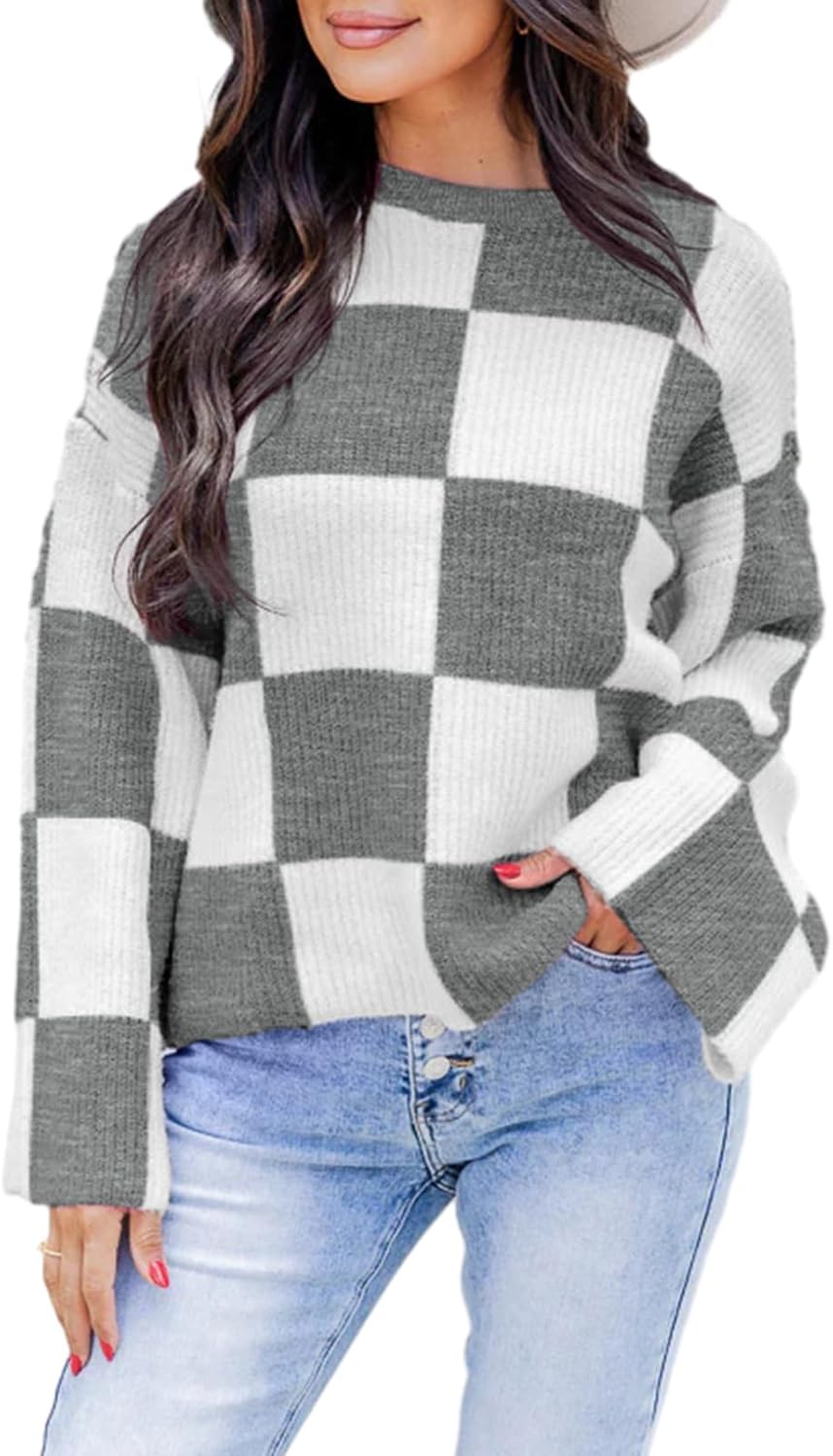 Dokotoo Womens Sweaters Crewneck Checkered Bell Sleeve Sweater Knit Pullover Tops