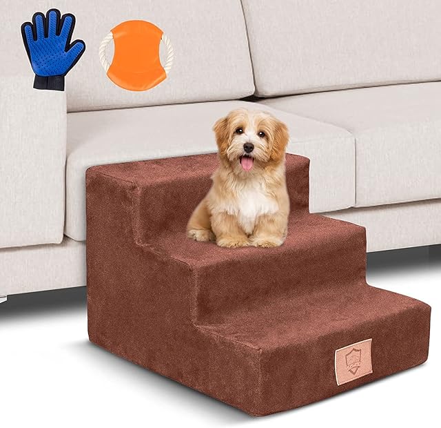 MASTERTOP Pet Stairs, 3-Steps High Density Foam Dog Stairs, Dog Steps with Washable Plush Cover, Non Slip Pet Ladder for Sofa Bed - Send Pet Glove and Dog Frisbee Toy
