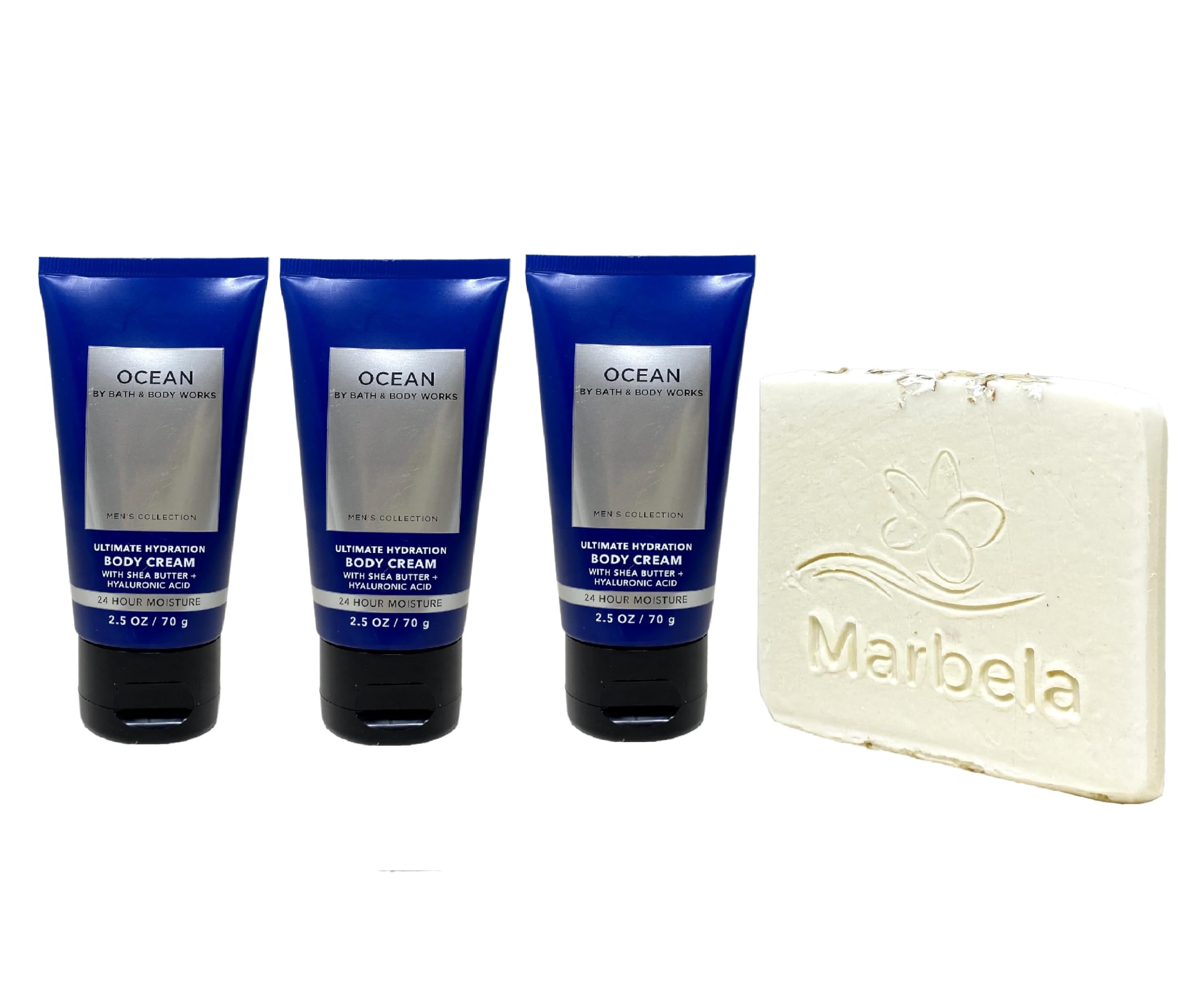 Bath & Body Works Men's Collection Ocean 3 Piece Mini Body Cream Bundle with a Natural Oats Sample Soap - Travel Size