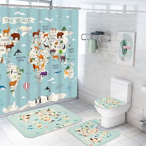 Ikfashoni Juego de 4 cortinas de ducha con diseño de mapa del mundo de animales, con alfombras antideslizantes, cubierta para tapa de inodoro y