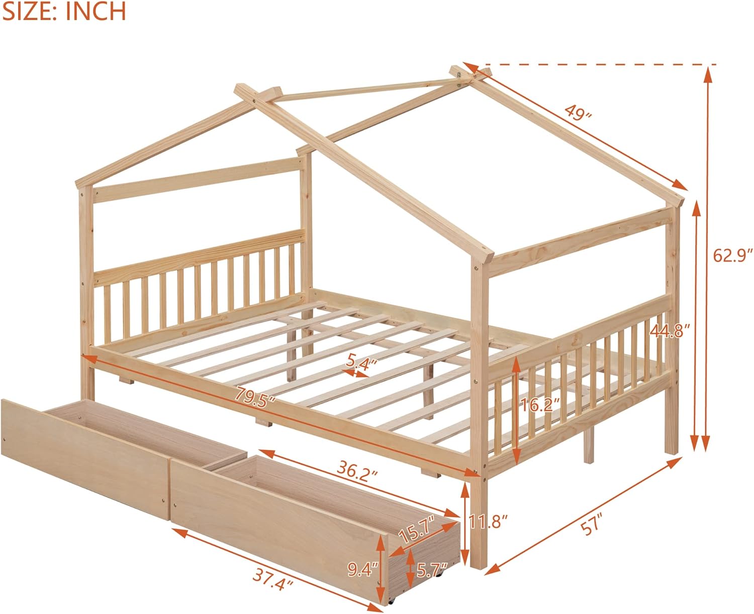 Bellemave Full Size House Bed for Kids, Montessori Platform Frame with 2 Drawers, Headboard and Footboard, Solid Wood Storage for Girls & Boys (Natural)