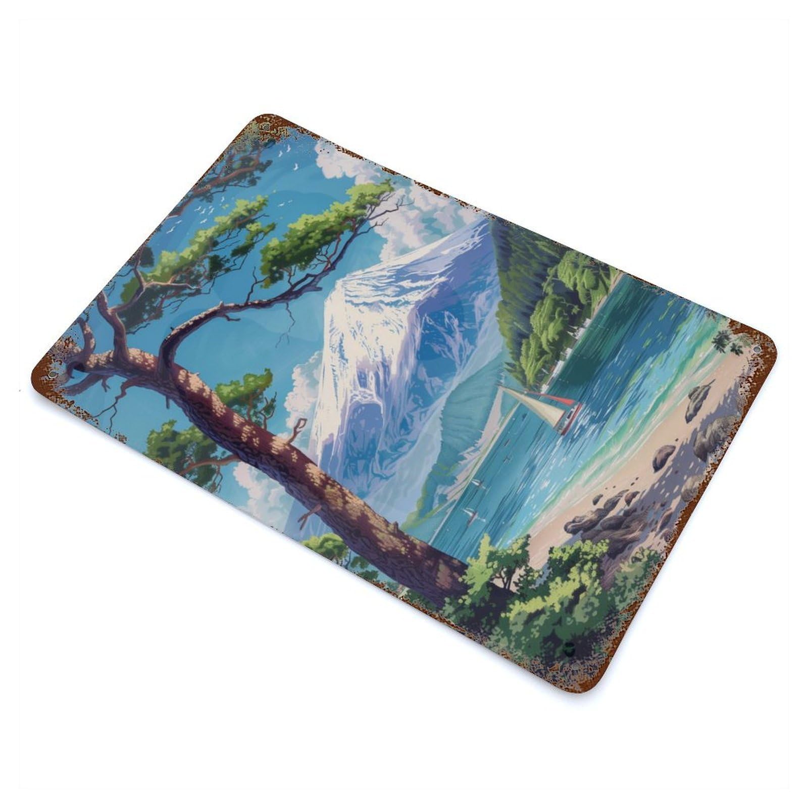 Weathered Tin Sign with Mount Fuji in Japan Design 11.8"x7.9", for Garage, Bar And Workshop Decor, Decorative Metal Wall Art