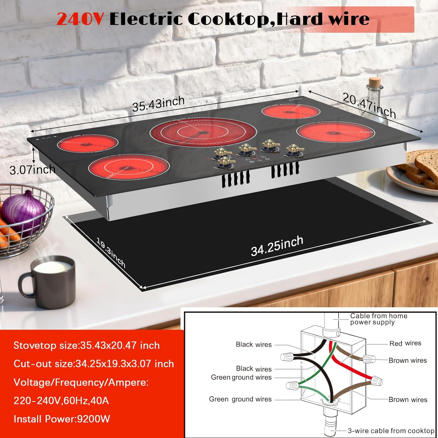 Karinear 36 inch Electric Cooktop, 5 Burner Radiant Cooktop with Knob & Touch Control, 9200W 240V Built-in Stove Top, 9 Power Levels, Timer, Child Lock, Pause, Residual Heat Indicator(Gold Knob)